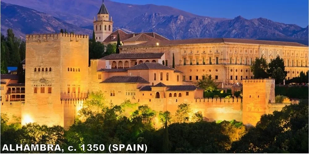 Alhambra ("The Red One") is the most famous piece of Islamic architecture in Spain. It's a palace complex built by the last Islamic dynasty to rule Spain (Nasrid Dynasty 1232-1492). Even Charles V (One of Europe's most powerful people in the next era) built his offices within A beg Lhambra. It actually fell into disrepair before being rebuilt in the 19th Century. Today, it is one of Spain's biggest tourist attractions. 