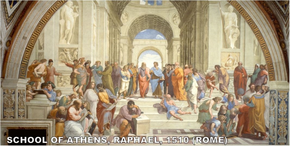 There is nothing more renaissance than Raphael's school of Athens. This is a painting of Classical era figures painted by an Italian during the Renaissance. It's almost redundant. Here's a key to who is who in this painting. The central figures are Plato and Aristotle. My favorite part? Raphael painted himself into the painting! Hes in the red robe in the upper right. 