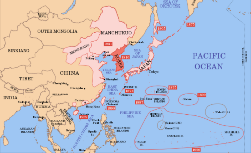 (Note the dates on this one... Not every map fits our 1750-1900 era. For Japan it's mainly the islands around Japan that they had taken over, but in the first decade of the next era thay had alreay taken part of Russia, and all of Korea.)