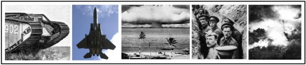 C. New military technology ( Tanks , Airplanes , Atomic Bombs ) and new tactics ( Trench Warfare , Firebombing ) and the waging of "total war" led to increased levels of wartime casualties ( Nanjing (some of these images may be offensive to younger students), Dresden , Hiroshima ) .