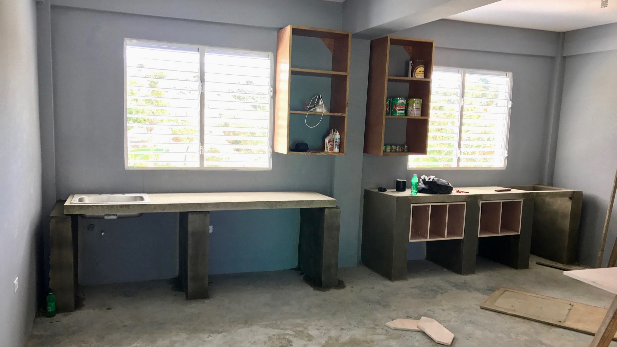 The Fine Arts room has been built out with sinks and cabinetry. 