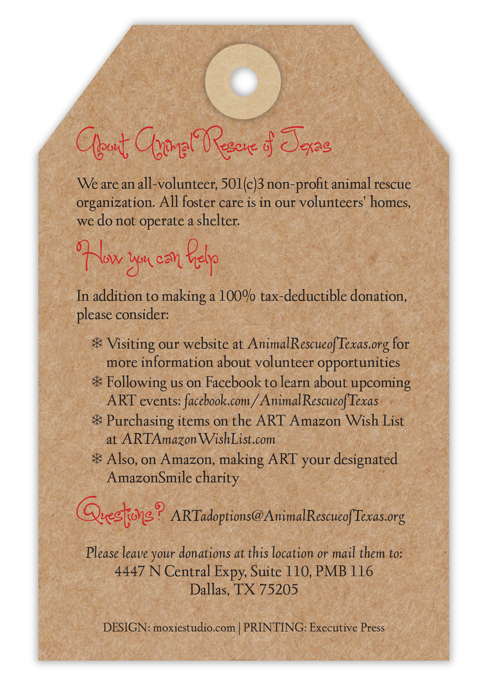 Animal Rescue of Texas Angel Tree Tags - Back