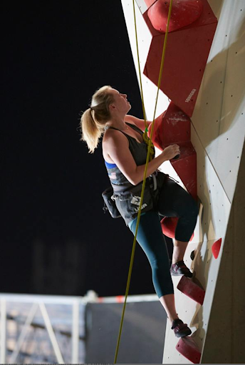Kaitlin Heatherly climbing a route at the paraclimbing World Championships in Austria.