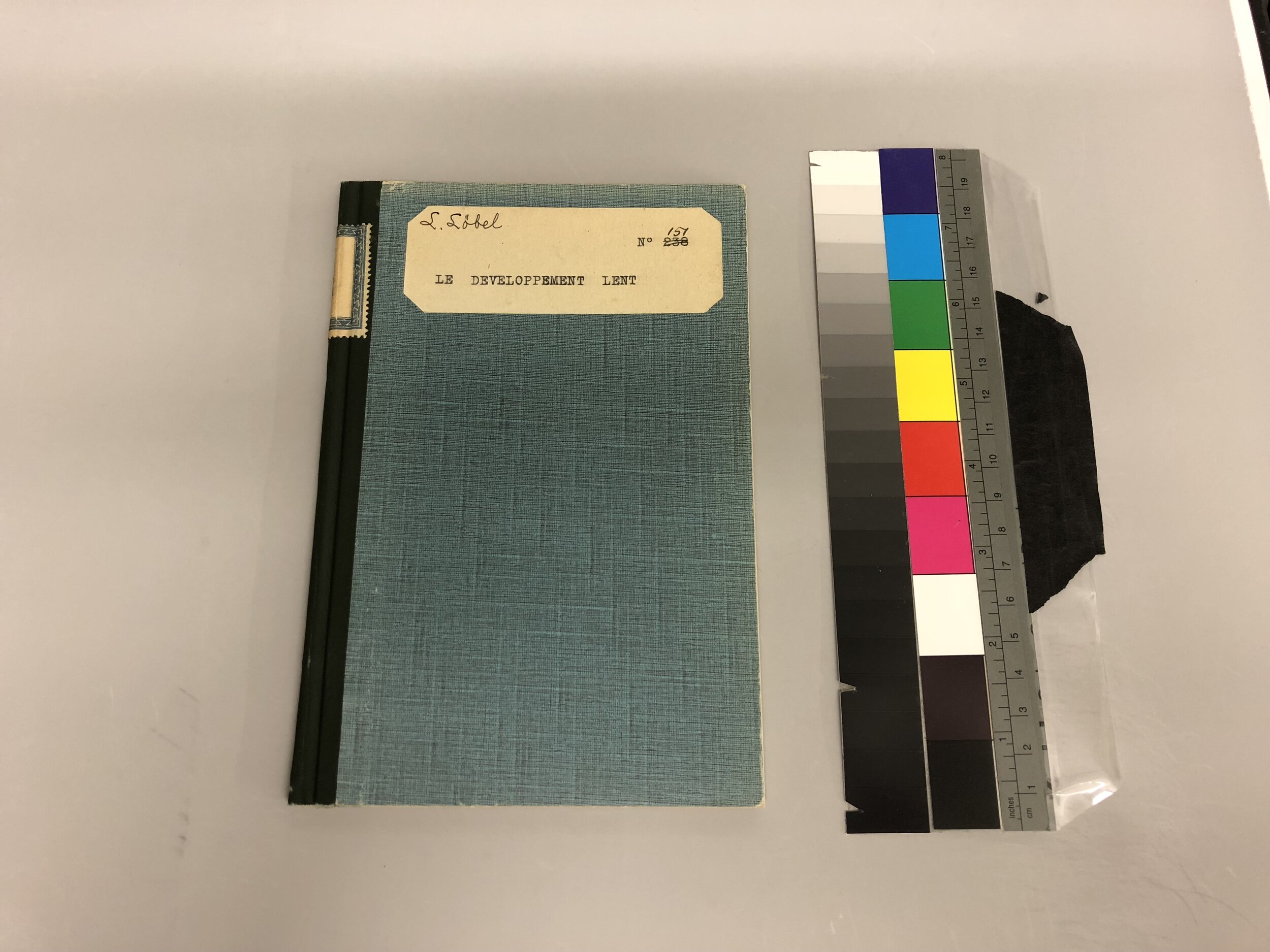   The front cover of     Le développement lent       next to a Kodak color target used during imaging.   