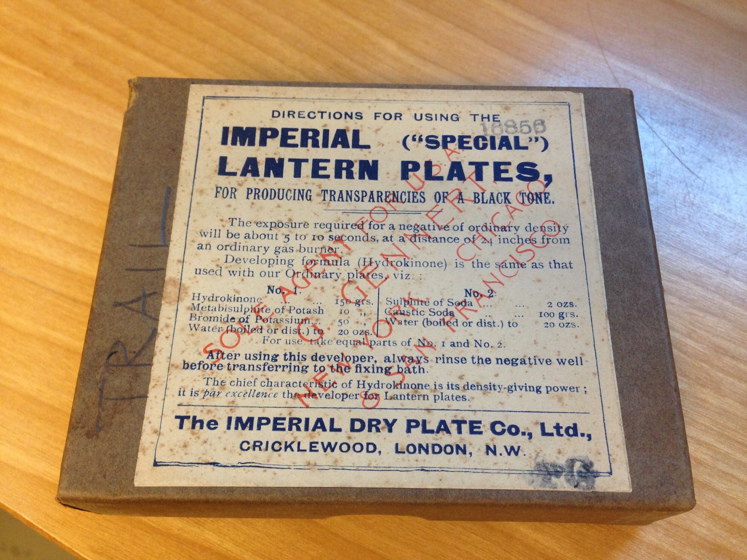   A box of “Imperial (“Special”) Lantern Plates produced by the Imperial Dry Plate Co., Ltd. The box is labeled “TRAIL” and contained glass plate negatives by Herbert Wheaton Congdon. (Green Mountain Club Archives).  