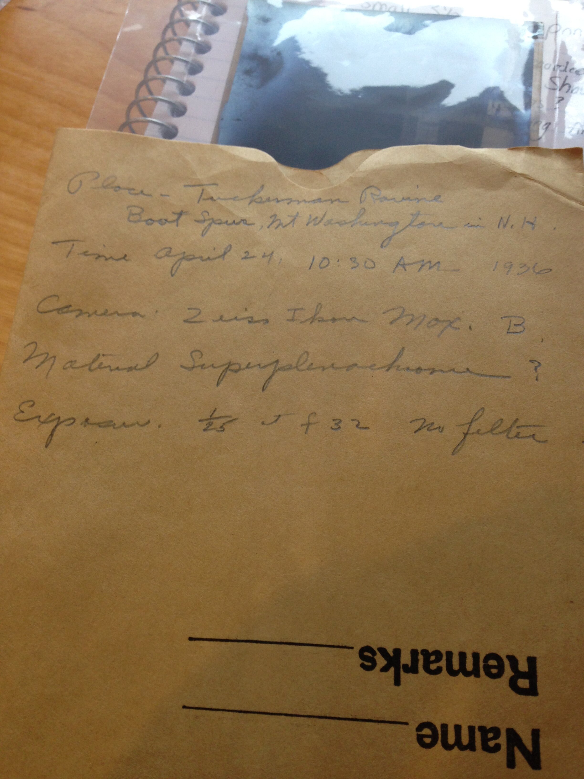   Herbert Wheaton Congdon’s handwritten exposure notes on a glass plate negative sleeve (Green Mountain Club Archives).  