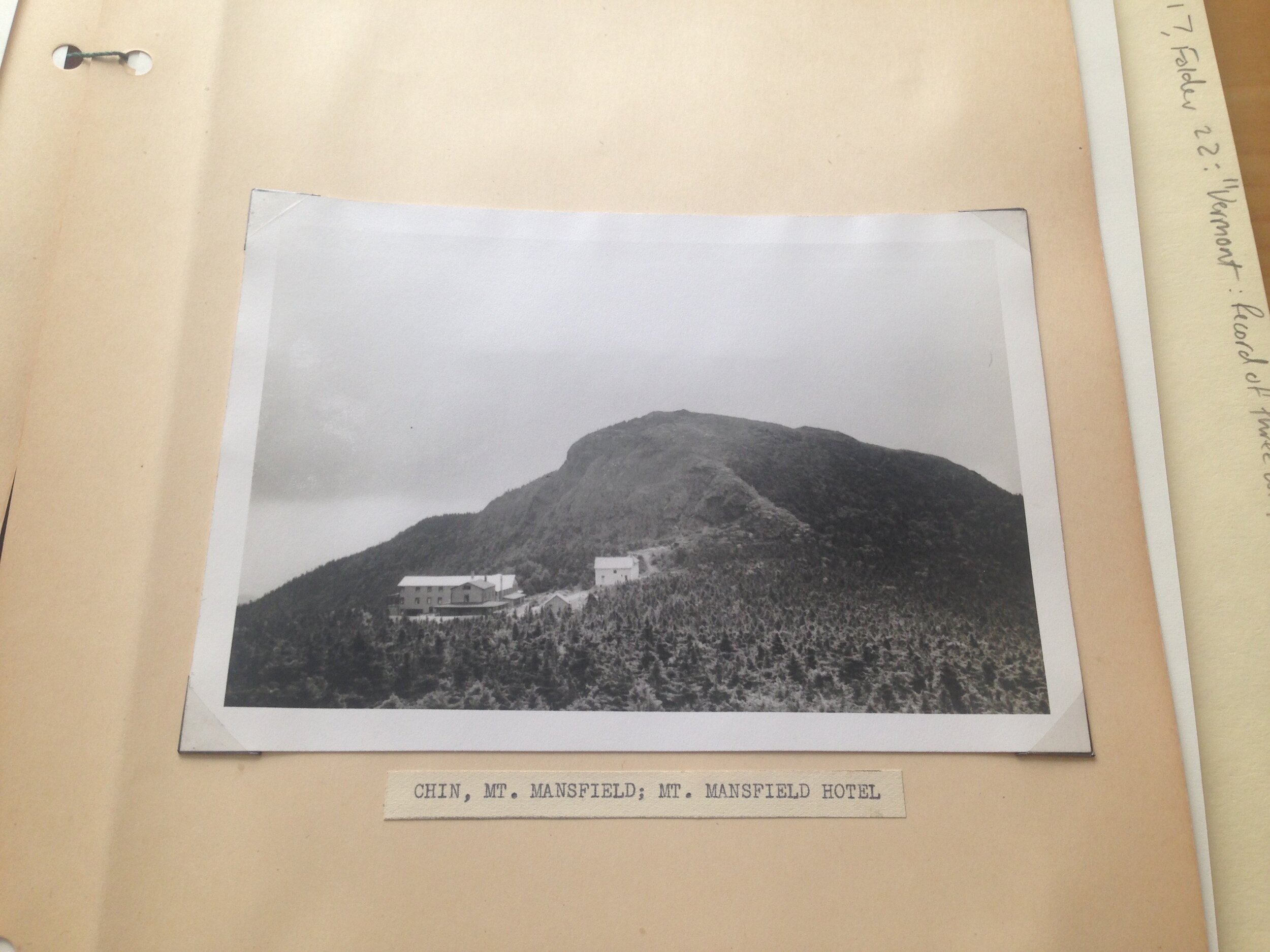   Photographic print of a landscape view on Mt. Mansfield. The label reads “Chin, Mt. Mansfield; Mt. Mansfield Hotel”    (Green Mountain Club Archives).  