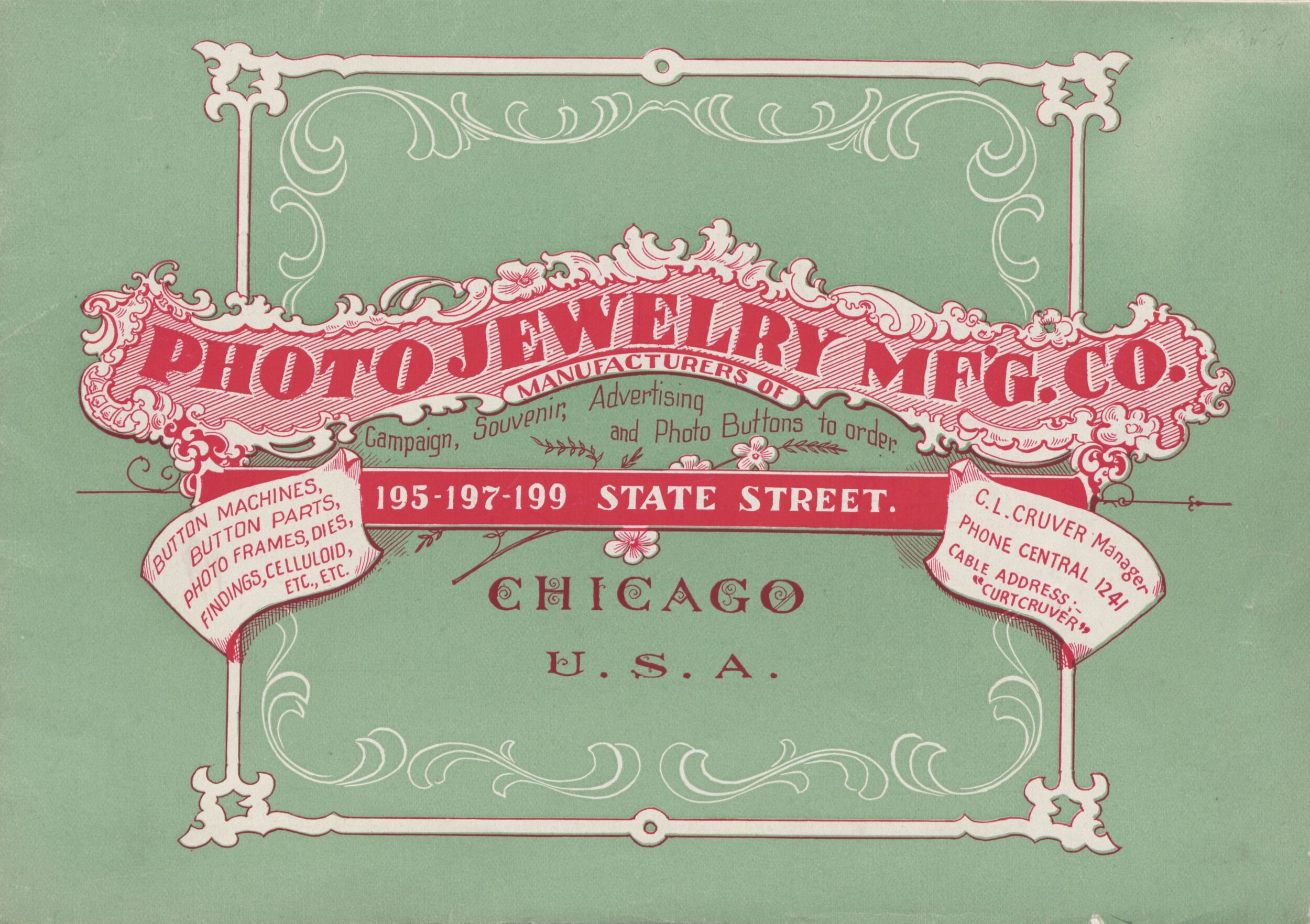     Photo Jewelry Mf'g. Co.: Campaign, Souvenir, Advertising and Photo Buttons To Order: Button Machines, Button Parts, Photo Frames, Dies, Findings, Celluloid, etc.    &nbsp;(Chicago: Photo Jewelry Mf'g, ca.1900).  
