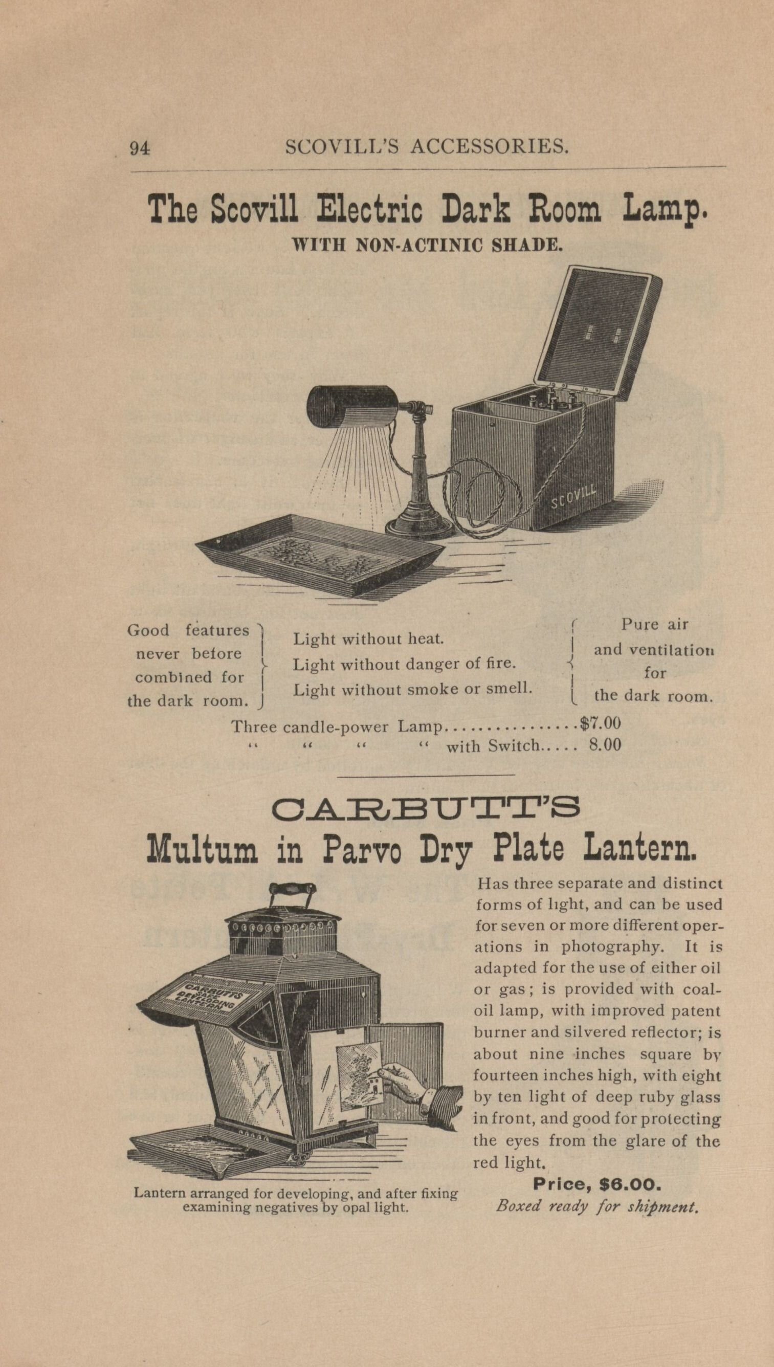   A page from Scovill and Adams Co.'s     How to Make Photographs : and Descriptive Price List    , illustrating an electric darkroom lamp and dry plate lantern (New York: Scovill Manufacturing Co., 1889).  