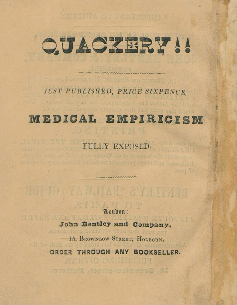   Attention-grabbing typography on the back cover of     The Collodion Process for Taking Portraits, Views, etc. by the Action of Light Upon Prepared Glass Plates     (London: John Bentley and Company, 1853).  