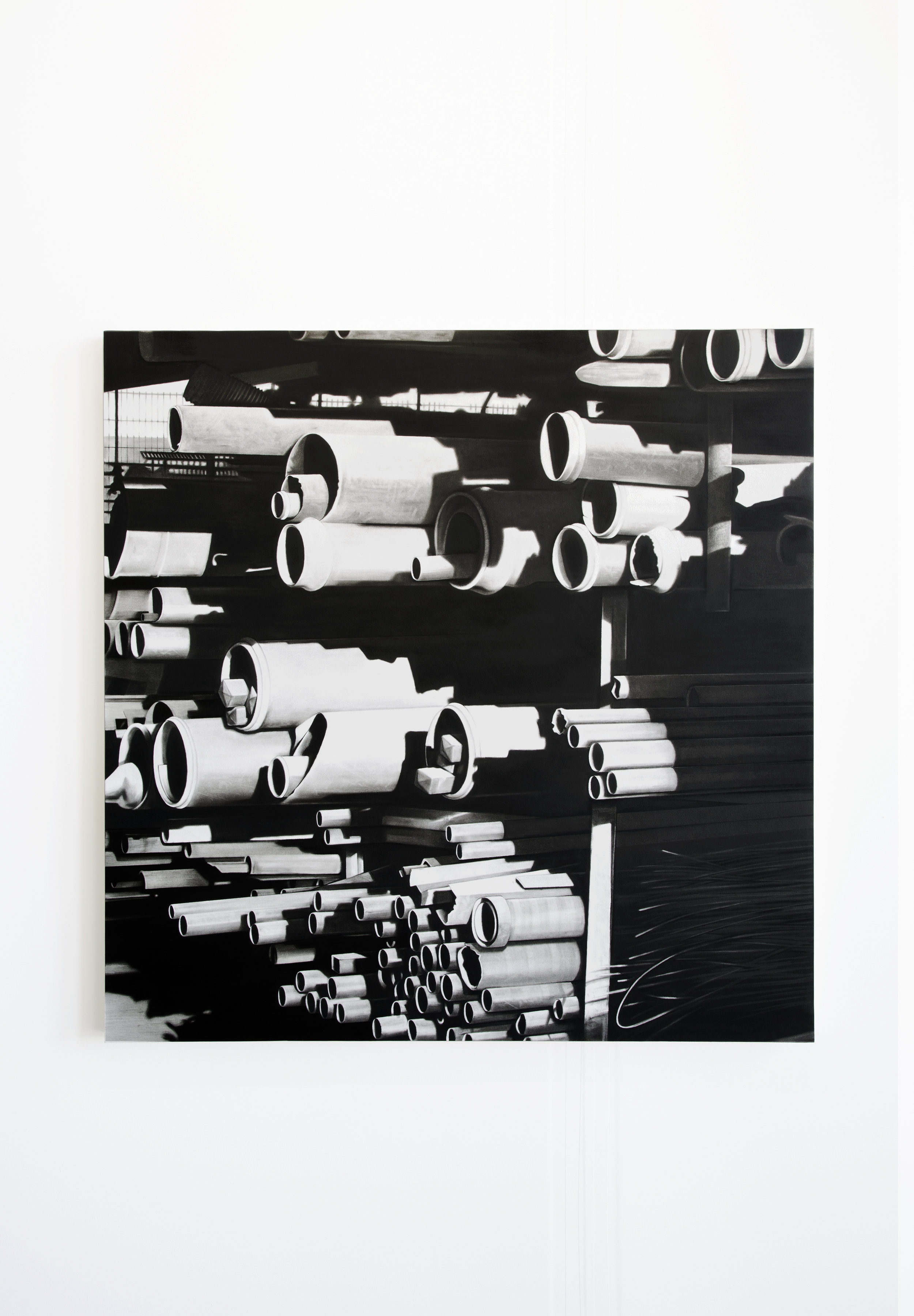    Tubular Bells  ,  charcoal and oil on paper mounted on wood , 120x120 cm   2018  