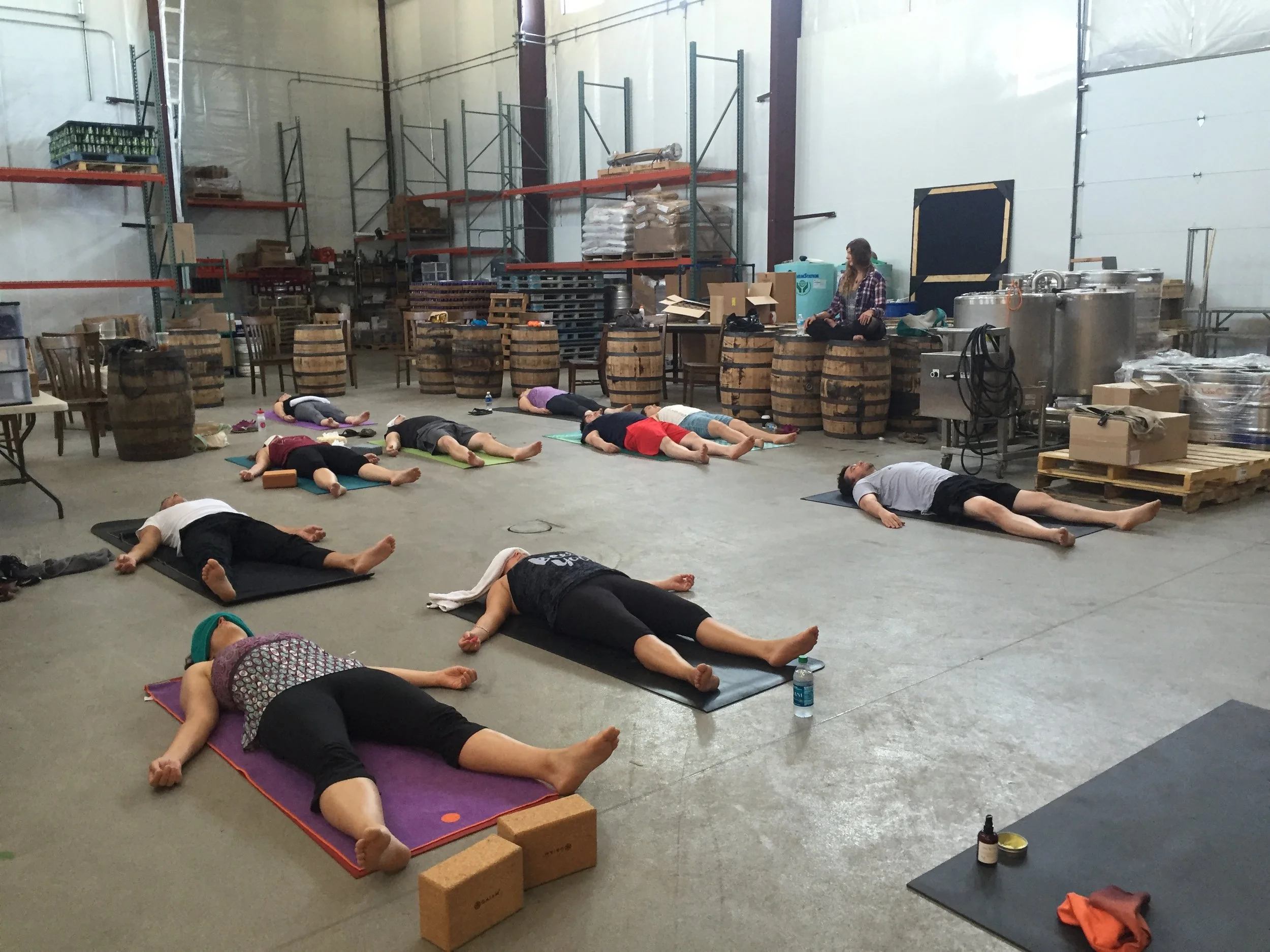 'Nidra light' at this past summer's yoga & beer retreat, balance on the road: Jackie O's 2016 . Though a dark, warm, quiet space is most ideal for yoga nidra, sometimes life and brewery floors just want what they want! 