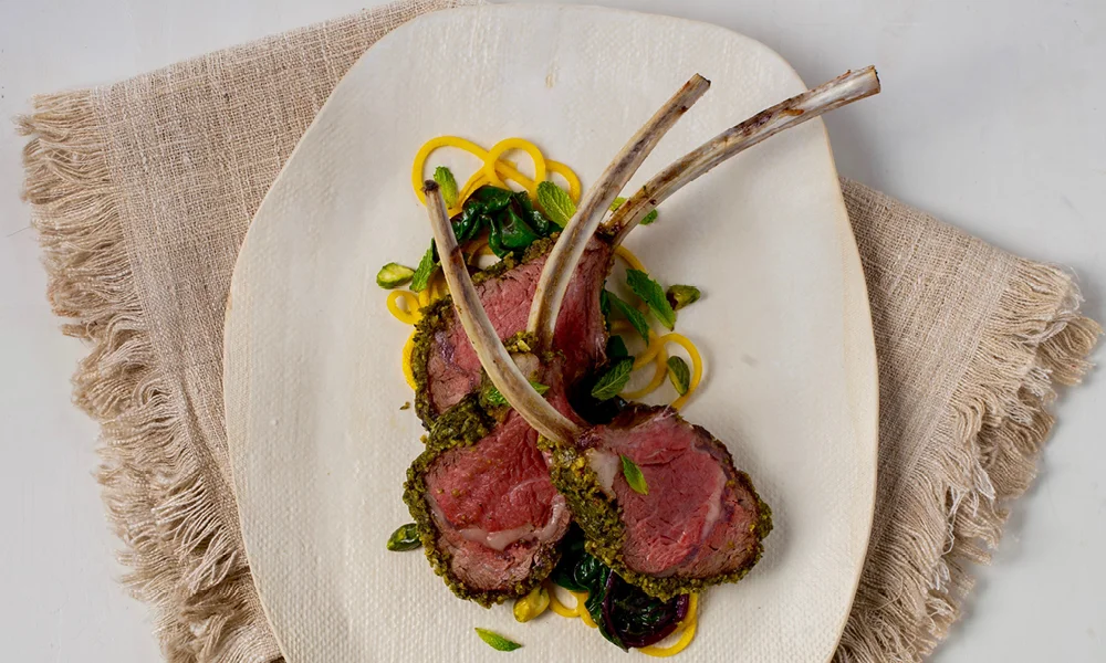 Pistachio Crusted Lamb Chops, Spaghetti Squash, Mint Sauce