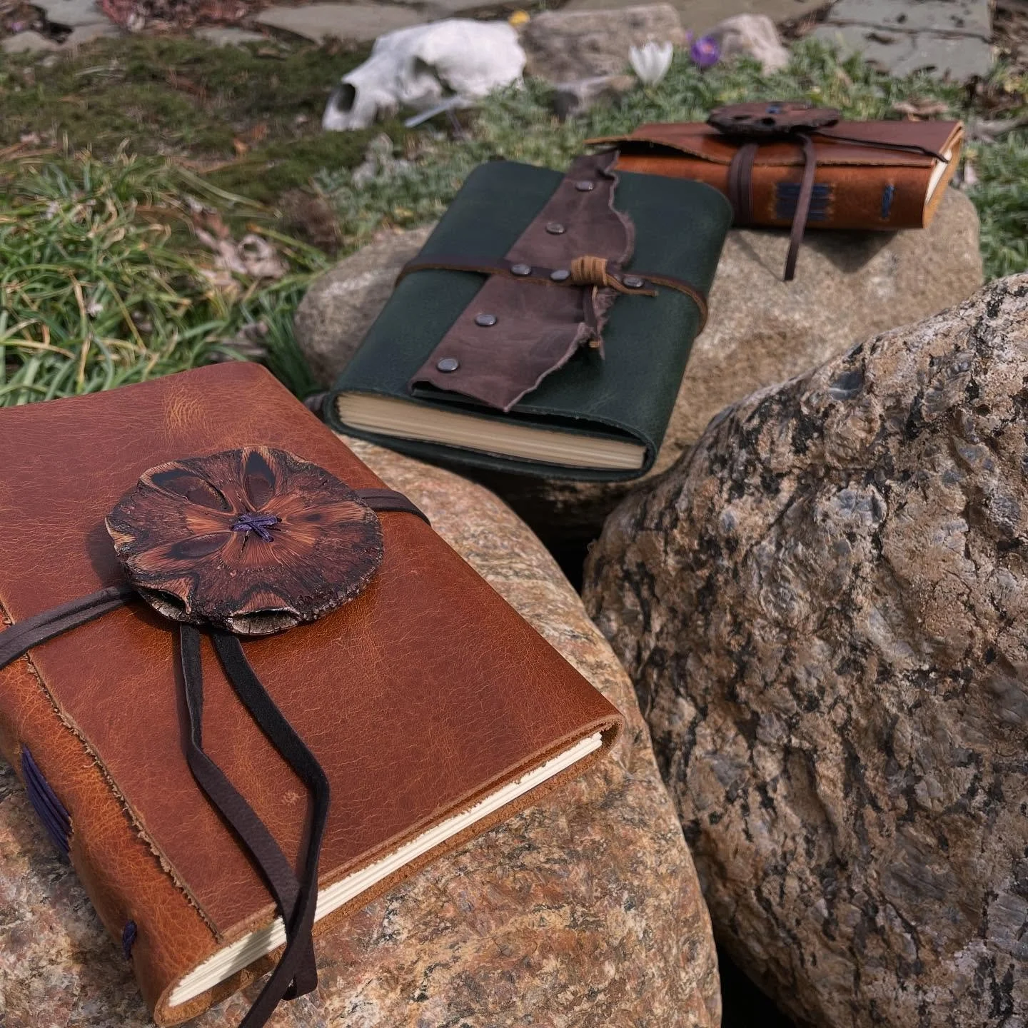 New water buffalo hide journals are starting to make their way into the world! Two are part of a restock at Local Roots today, and one at Simply Hand Made.  It&rsquo;s very new working with the green leather for the rustic wrap journals, but I can&rs