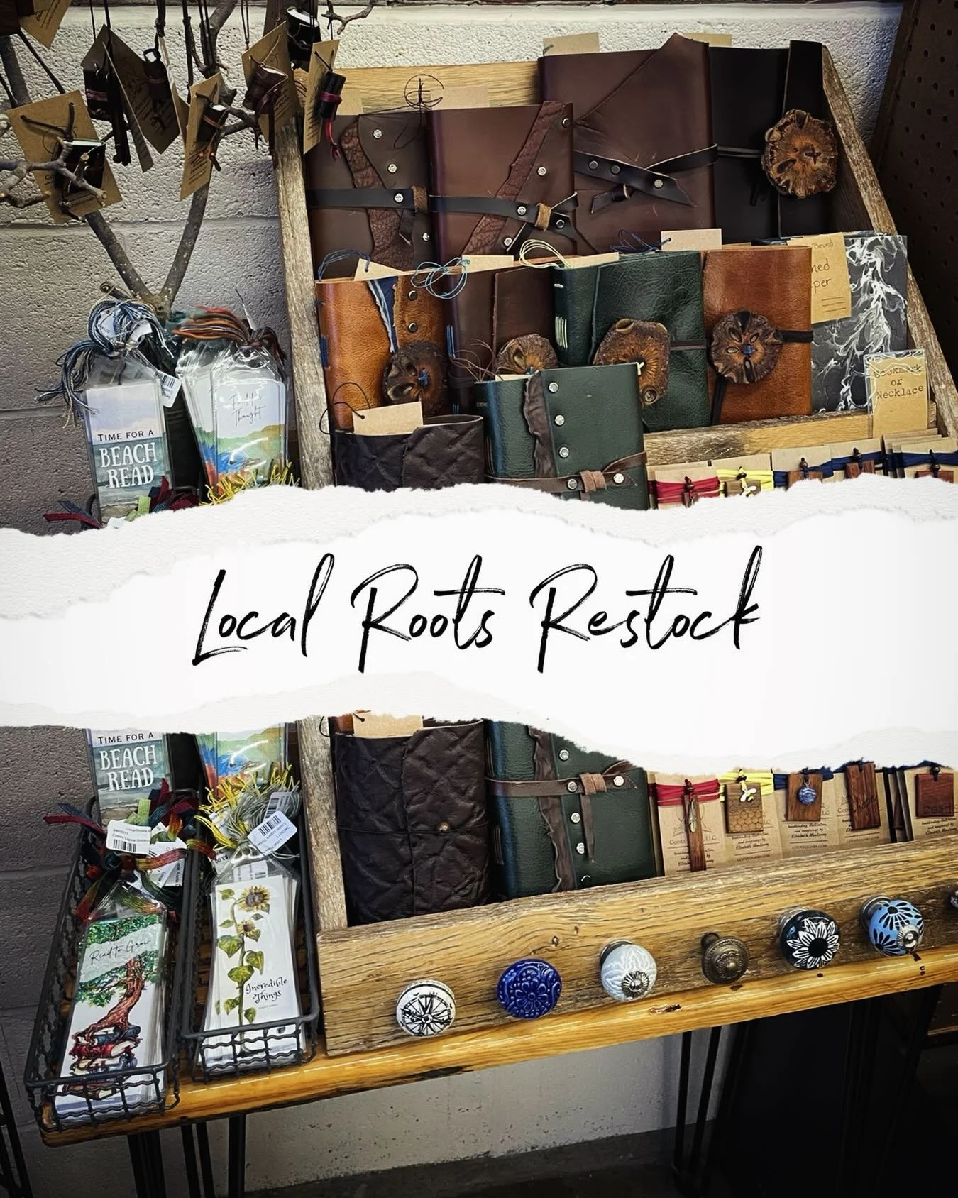 Post-holiday restock at Local Roots! Moved a bunch more book necklaces there, plus what might be my last two medium size journals made from this particular green leather hide. Now it&rsquo;s time to get to work I guess! 
#restock @localrootswoo #hand