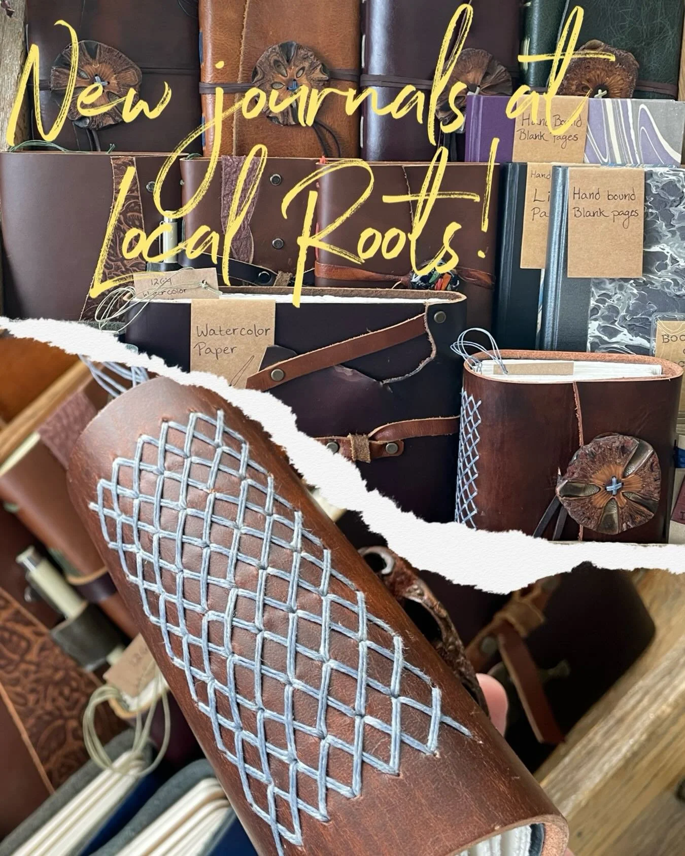 Stocked up at @localrootswoo again!  More hardcover journals, refillable journals, plus a couple of watercolor journals are back, including this one with my favorite lattice stitching down the spine. So time consuming- but so beautiful!!!

#restock #