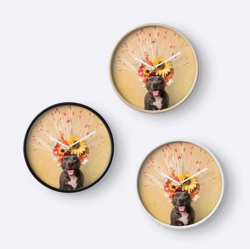 WALL CLOCK. Customizable (even the hands' color!). 10.25x2in. Modern printed polypropylene face without plexiglass. Bamboo wood frame with natural finish or painted black or white. 4 customisable metal hand colours to choose from. Quartz clock mechanism (AA battery not included). Built-in hook at back for easy hanging. Ships worldwide via RedBubble.