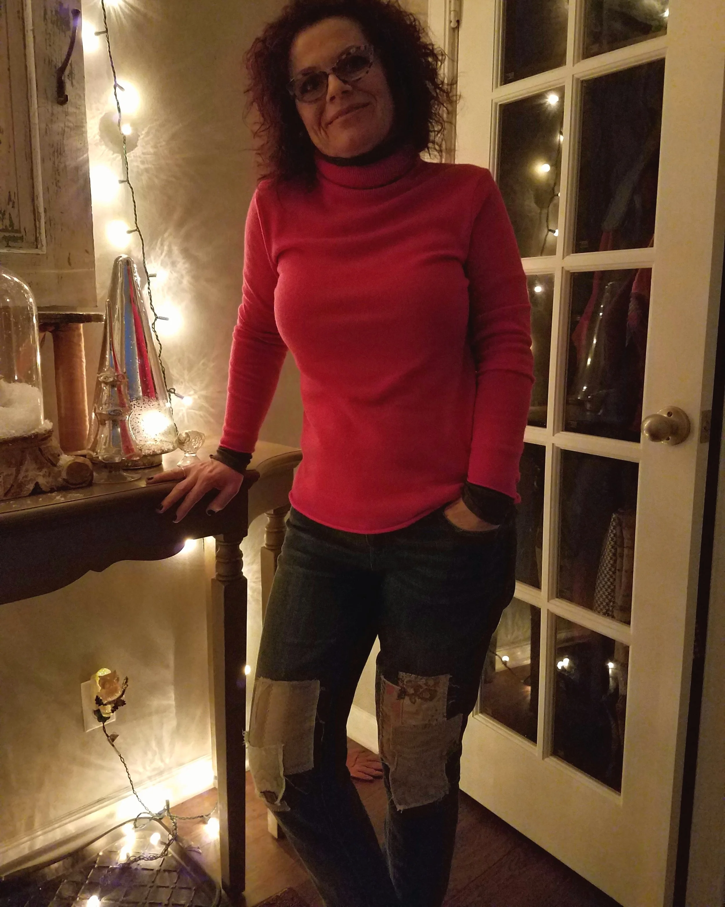 Another bright pop of color with patchwork jeans for a cozy date night. One of my "Winter Uniforms" tends to be a turtleneck and jeans. The turtleneck is often black or gray - it's nice to mix it up a bit with this great color. 