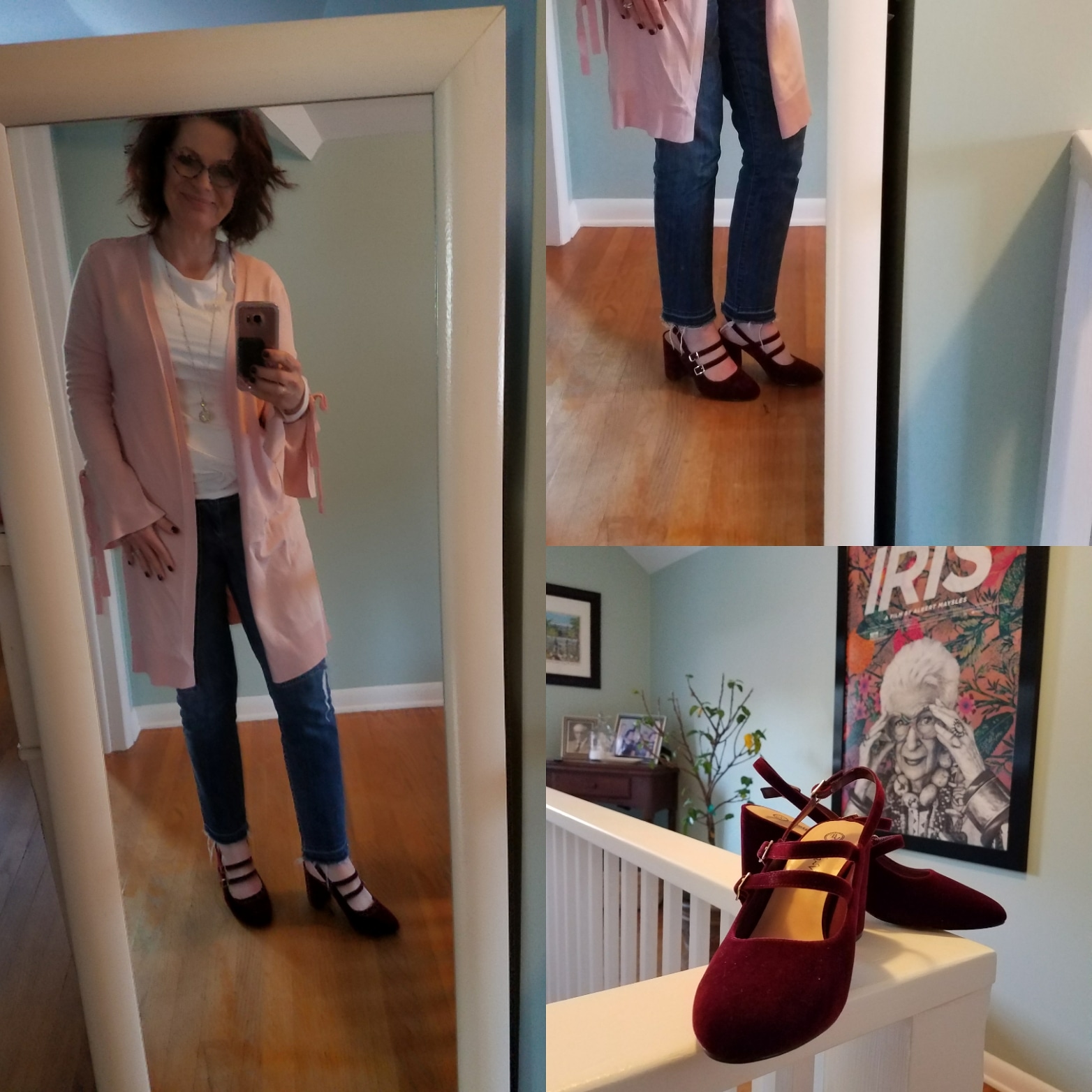 There was finally a run of a few days where I could wear my new shoes - I love the color combo of the shoes with the soft pink cardigan. Because the cardigan is longer I am comfortable pairing it with a skinny jean. 