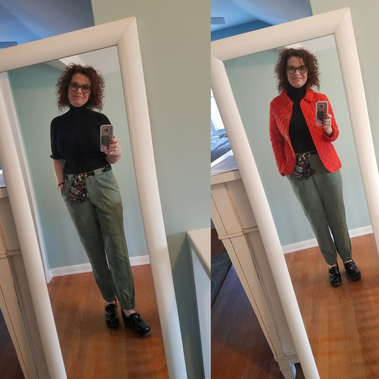 Heading to work in handbags this day so I need to be comfortable but no jeans for sure. I layered the little jacket with a (you guessed it) black turtleneck but not a full sleeve. Once I get to the stores I can either leave the jacket on or take it off to work, whichever is more comfortable. I love my clogs with almost any pant and these are no exception. It's my style. 