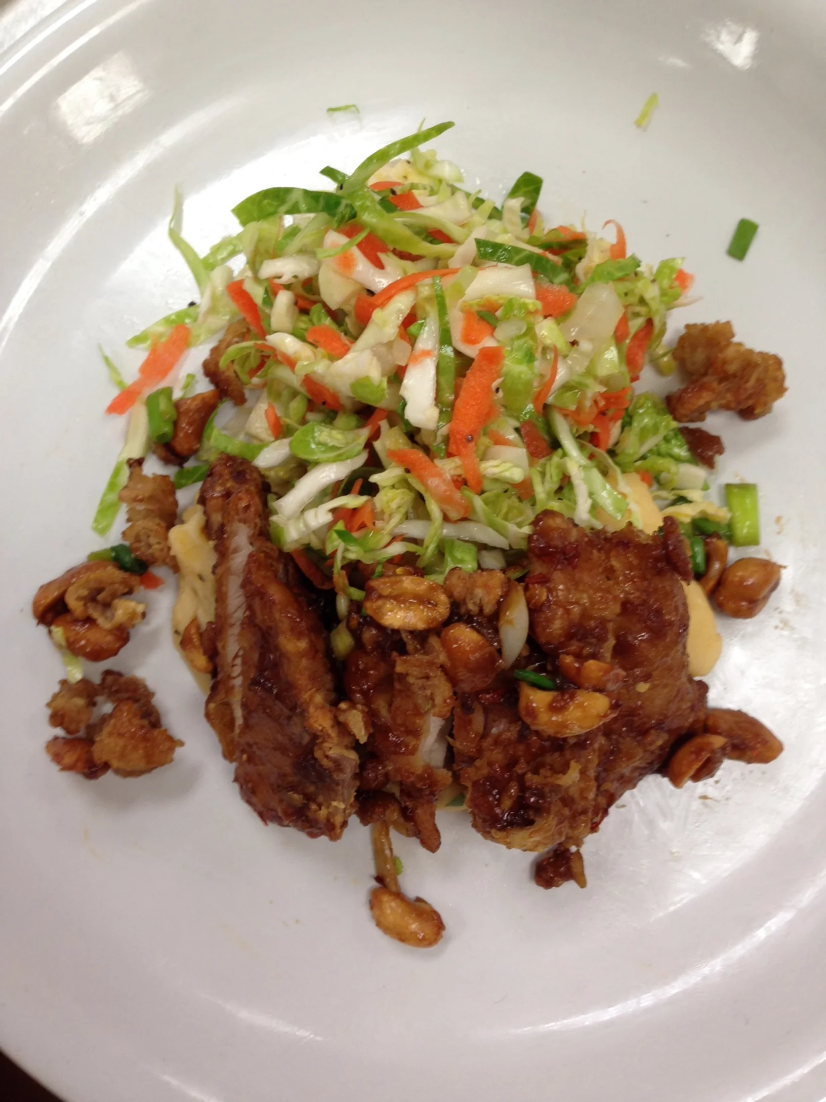 Frying week! Sweet chili fried chicken, brussels sprout slaw, cheddar mashed potatoes.