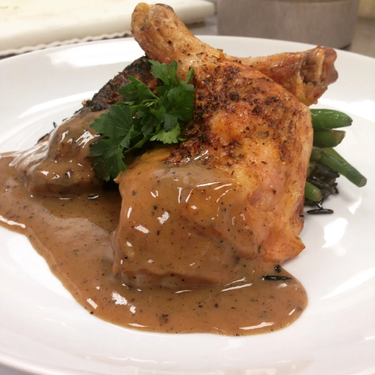 Roasting week! Roasted chicken with pan gravy, green beans and wild rice pilaf.