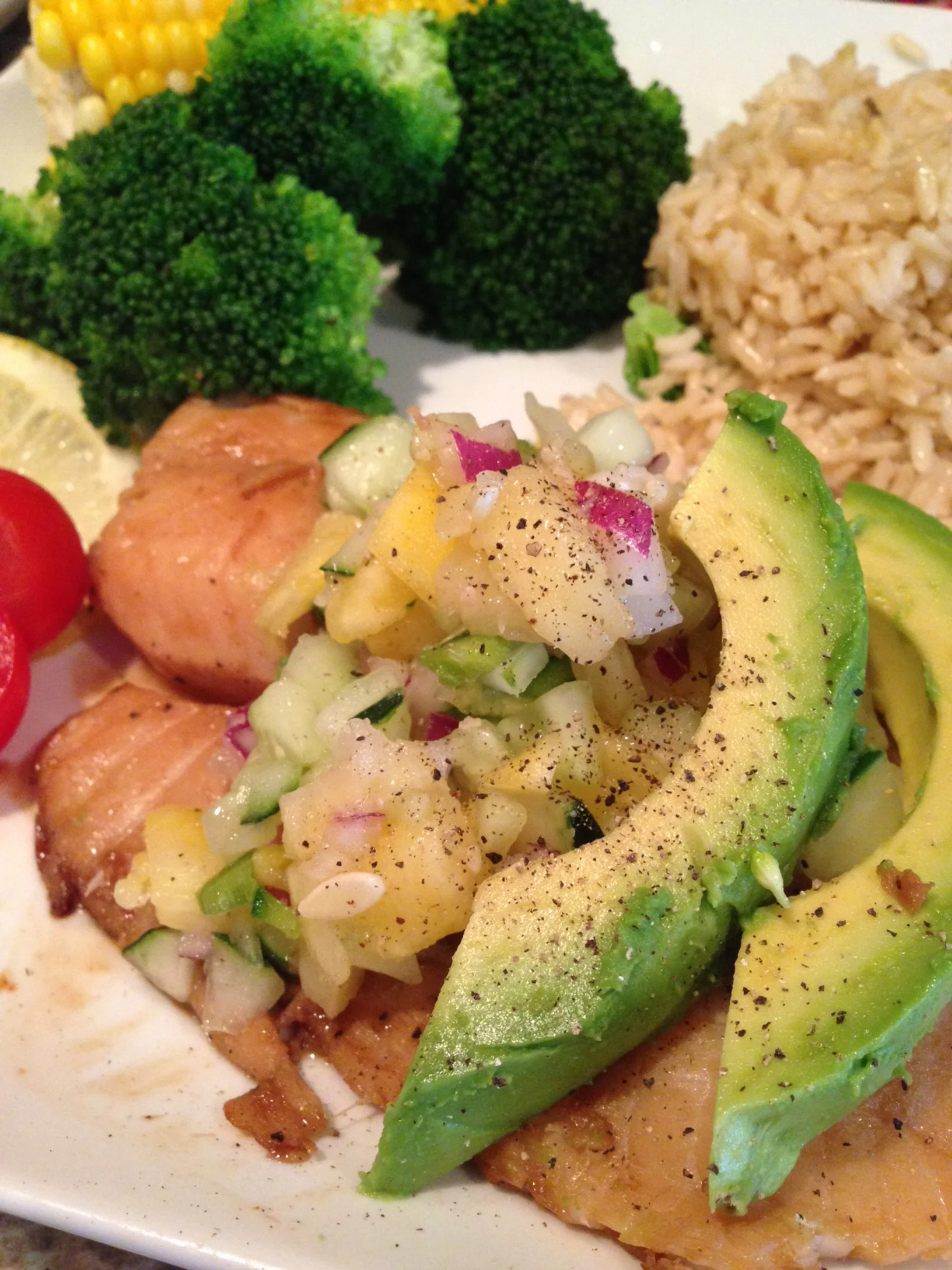 Most delish weeknight dinner. Fish, salsa, brown rice and veggies!