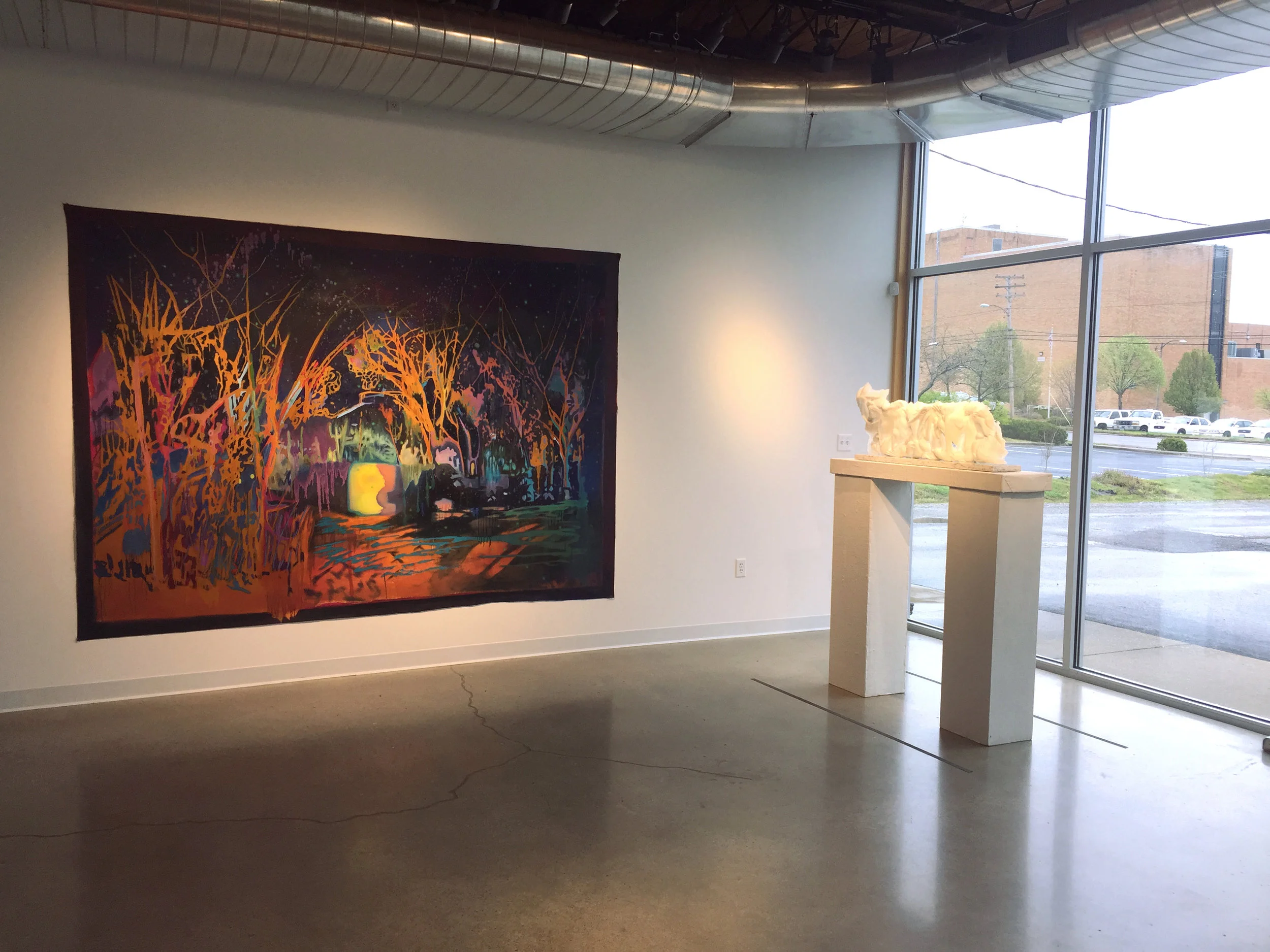 Jon Witzky, A Relative Place, Unburdened Relaxed, oil on canvas, 213x305 cm, 2018 Katherine Rutecki, Cloud Extension, pate-de-verre, stone, 101x18x43 cm, 2018