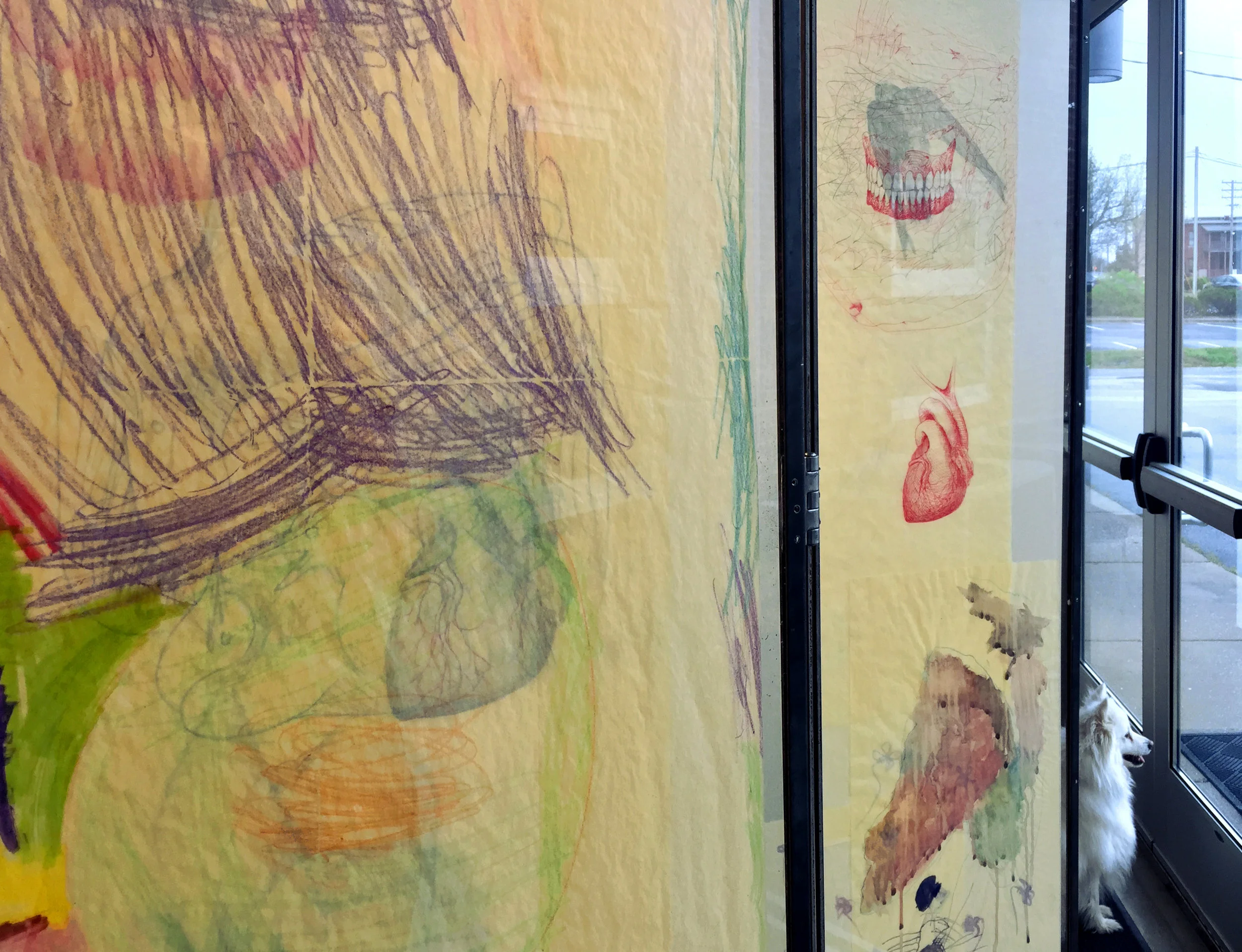 Katherine Rutecki, Trifold Screen, detail, mixed media on paper, steel, plexiglass, with drawing inclusions by Frankie June Jacomb (daughter), 140x30x185