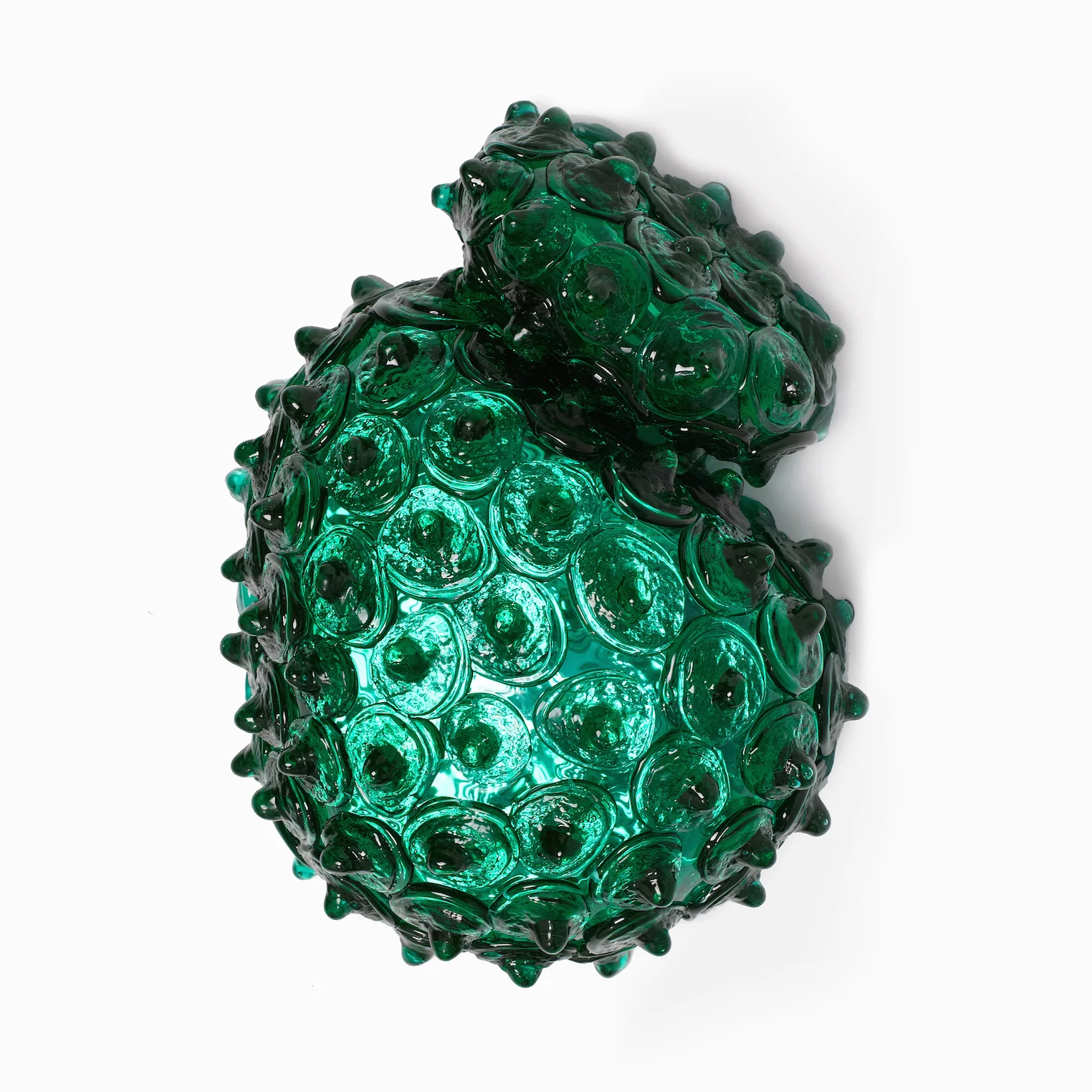 Katherine Rutecki, Green Double Bubble no. 1, blown and hot cast Uranium lagoon glass, mirror, birchwood ply, 330x10x36cm, 2016