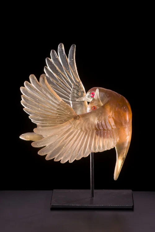 Katherine Rutecki, Embrace, lost wax cast crystal, taxidermy eyes, steel mount, 33x20x38cm, 2008