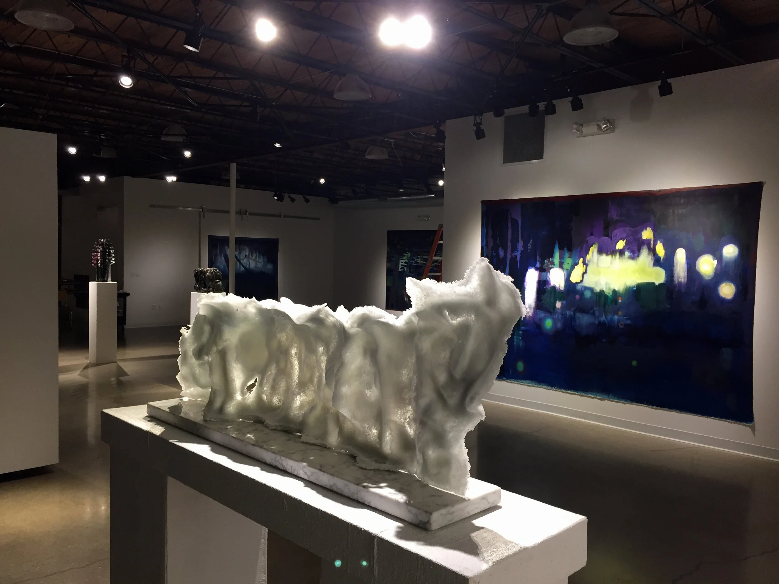 Katherine Rutecki, Cloud Extension, Pate-de-verre, stone, 102x18x43cm, 2018 feat: Jon Witzky, Wedding Party, Oil on Canvas, 84”x120”, 2017