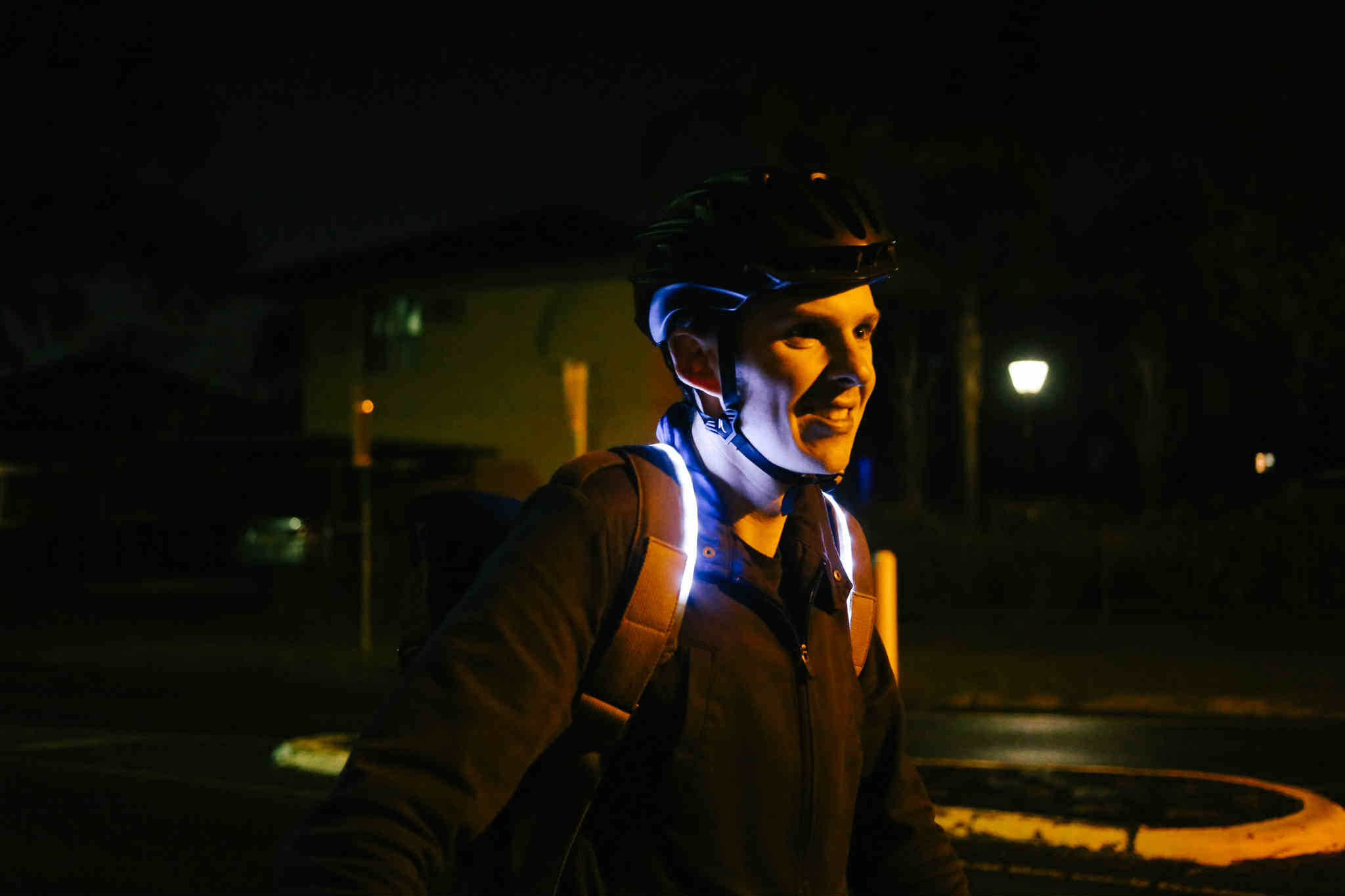 Shoulder strap LEDs light you up without shining into your eyes.