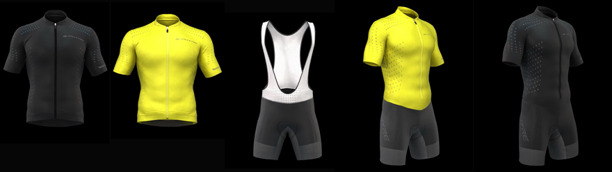 The full line-up of jerseys, knicks, and skinsuit.