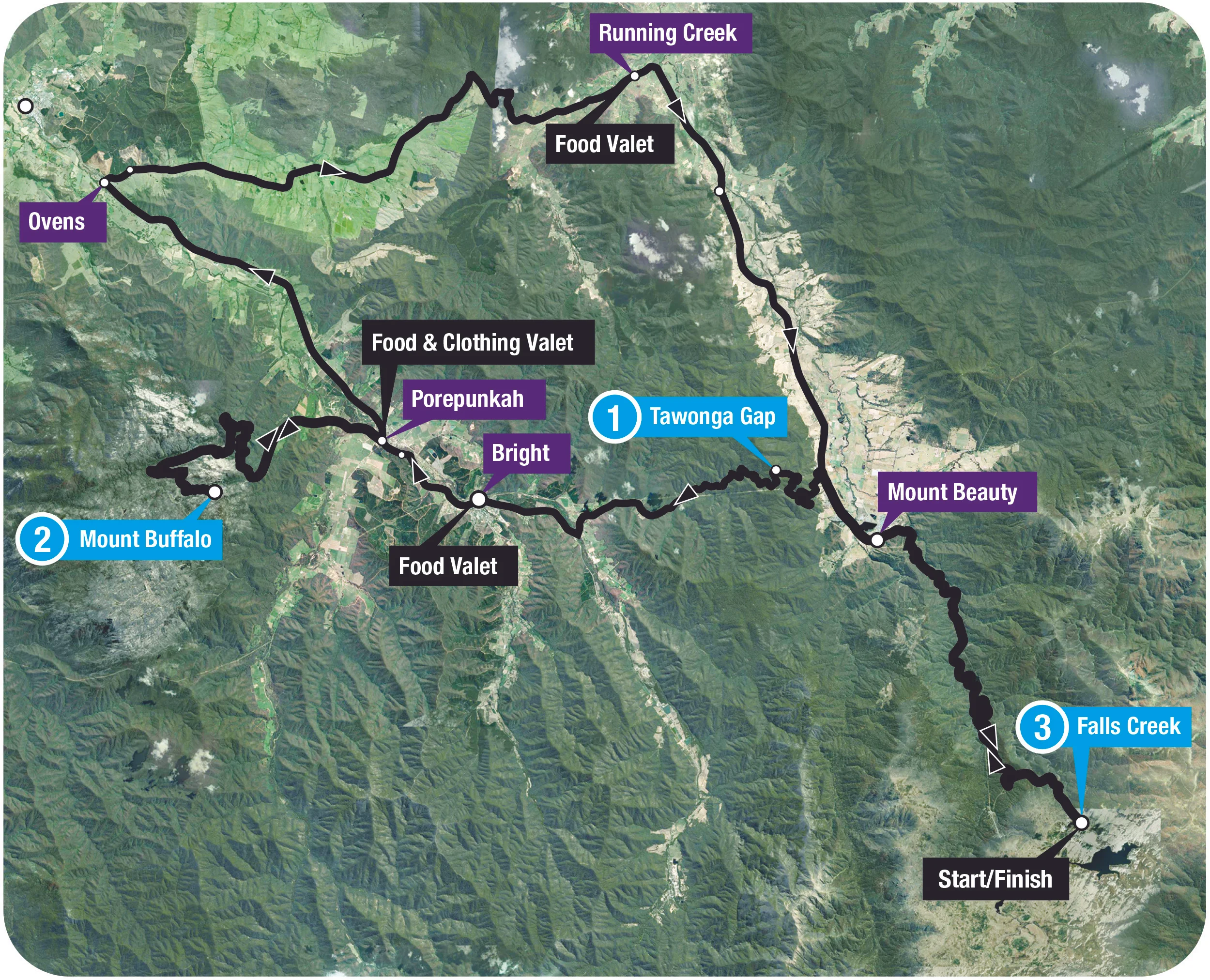 3 Peaks Ovens Vally route due to bushfires - still 235km and 4,000m+ vert and super hard.
