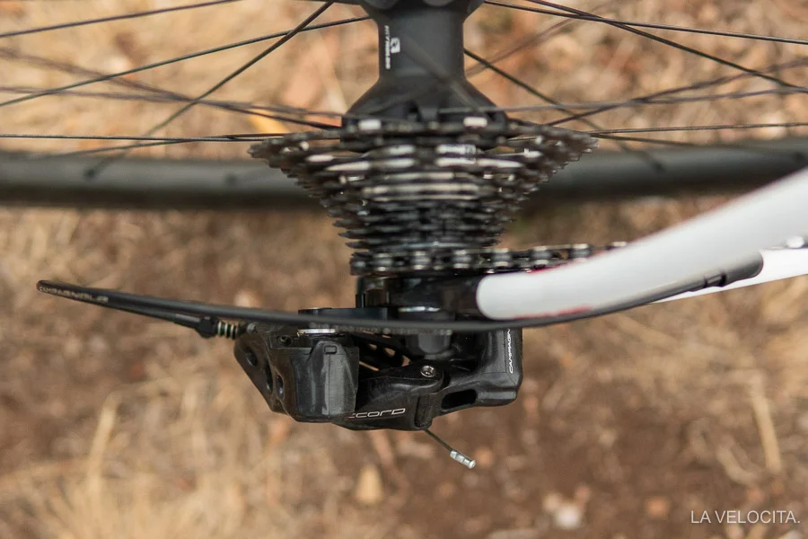 The Record 12 derailleur protrudes quite far from the frame