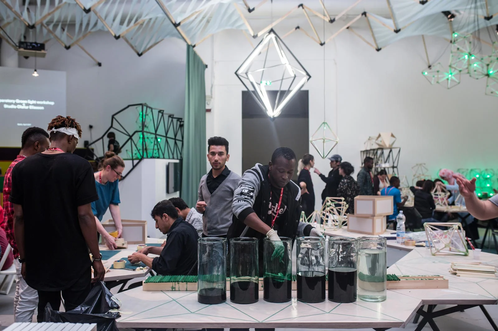 The Green Light Workshop invited the general public and asylum seekers to create together. Photo credit: Damir Zizic, 2017 / Olafur Eliasson