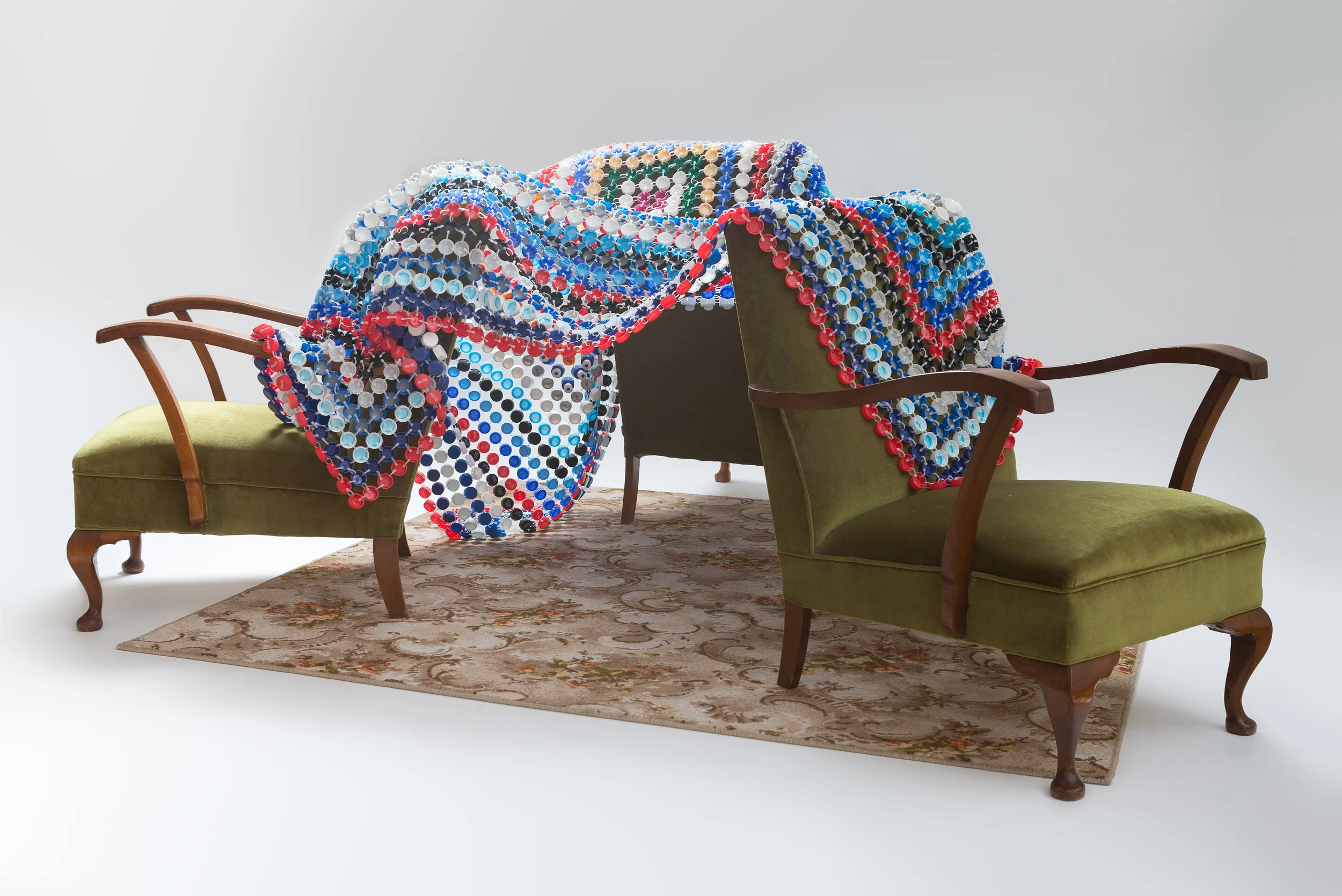 Safehaven 2014 Carpet, chairs, plastic bottle caps & cable ties 250 x 250 x 90cm photographer James Field, courtesy of Adelaide Central School of Art