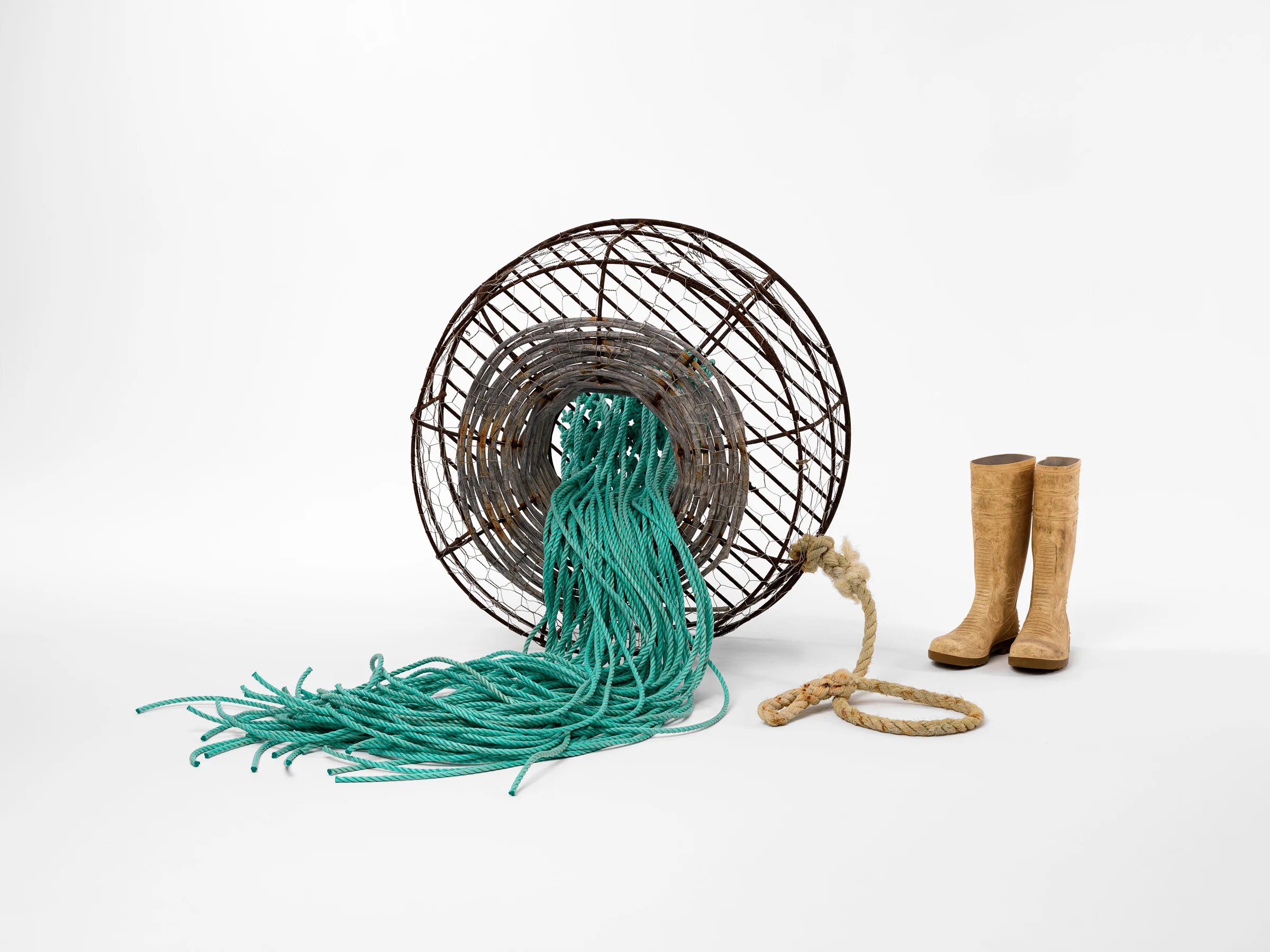 Transience 2016 Discarded steel, cane, wire netting, wire, rubber boots & rope 90 x 120 x 110cm photographer Grant Hancock
