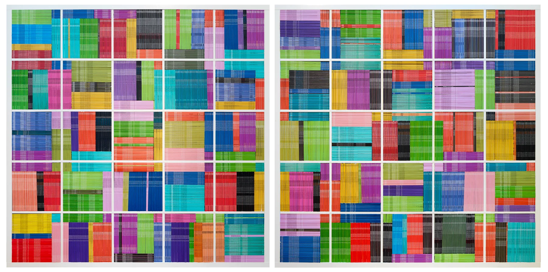 Complexity Theory 2018 182 x 182 x 39cm (each unit) discarded artlink magazines, mass produced IKEA bookshelves Photographer Grant Hancock