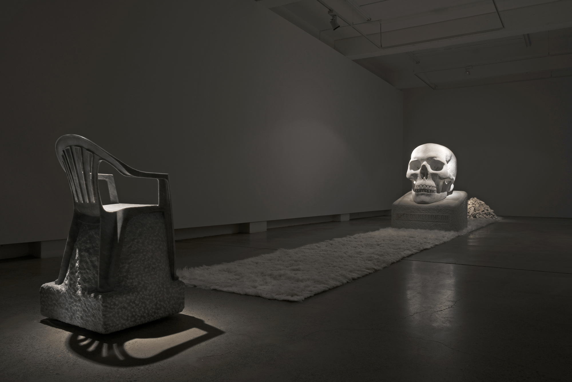 The Monobloc Throne 2017 Bianca Carrara 101 x 54 x 54 cm Sometimes the Dead are More Alive than the Living 2017 Wombeyan marble, wool rugs and acrylic paint 163 x 120 x 115 cm Photography: Laura Moore