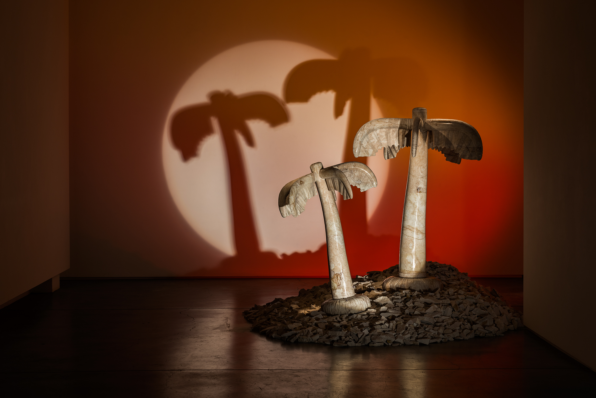 Last Resort 2014 Wombeyan marble, steel, theatre lights Two pieces: 180 x 110 x 110 cm and 135 x 80 x 80 cm