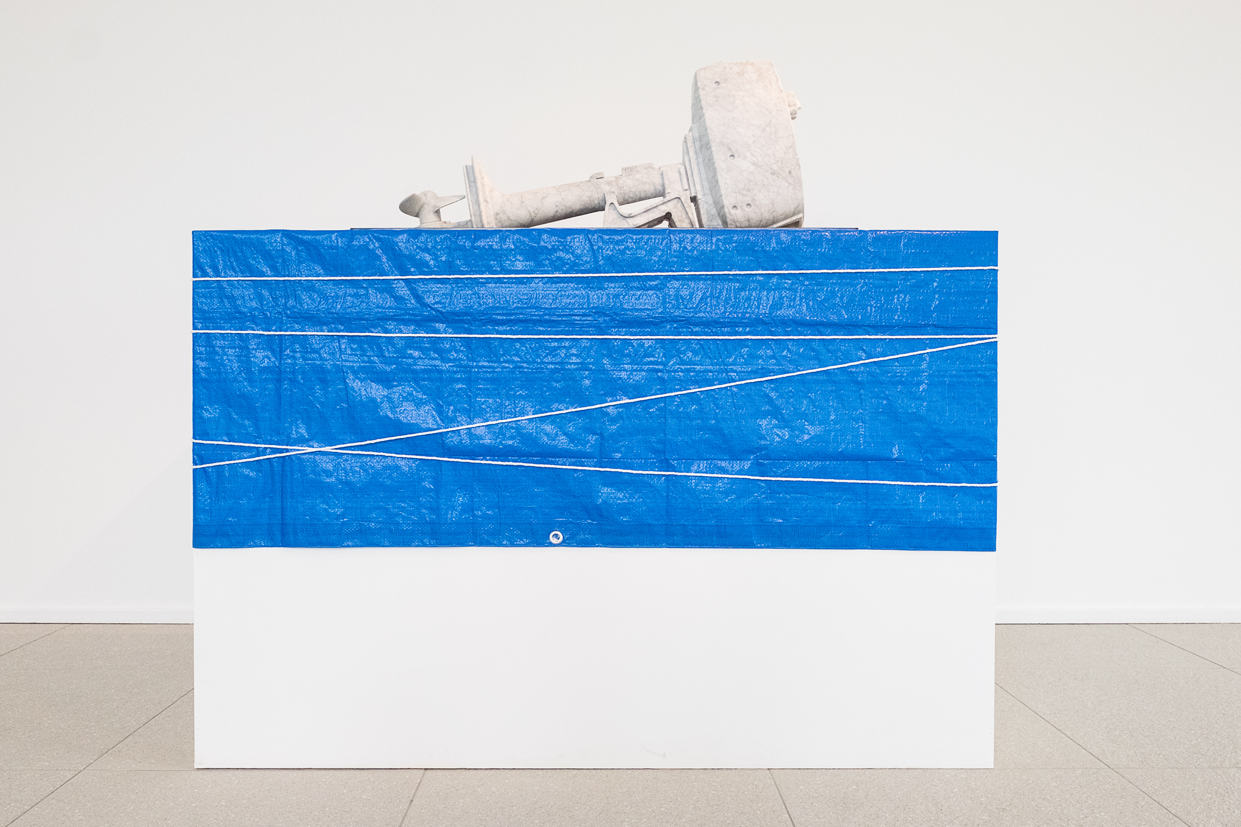    Oilstone 01: Transparent     2015 Bianco carrara, stainless steel, motor oil, plinth, tarp, rope 100 x 38 x 42 cm 