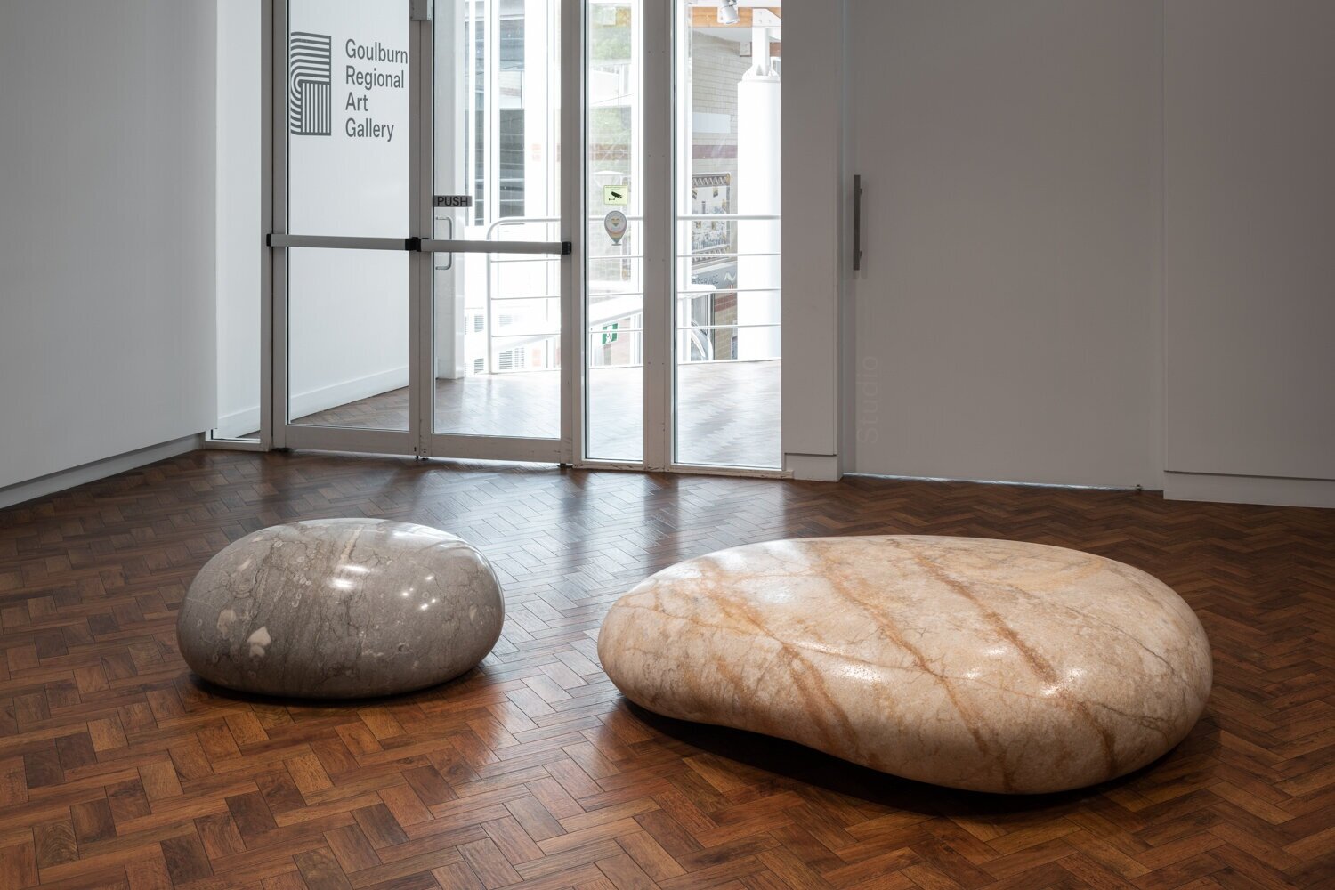  ‘Anything Will Bounce If You Throw It Hard Enough’ (2020). Wombeyan Marble, Marulan Onyx, 45 x 176 x 132cm and 45 x 96 x 76cm.  Photo: Mark Pokorny.  