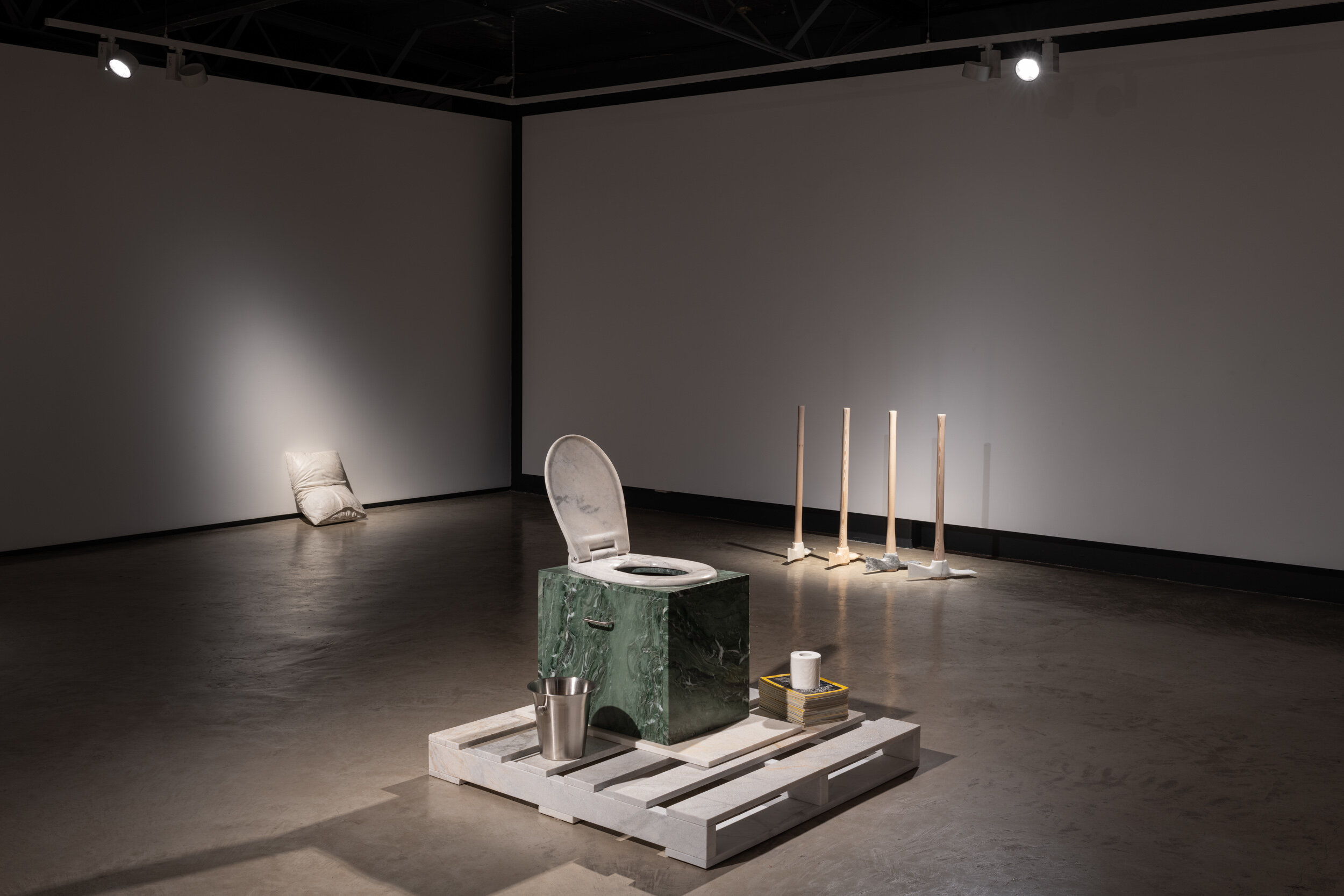  Meet Me Under The Dome, Sullivan+Strumpf, Sydney. 2020  L-R:  Encouraged To Be Soft Not Hard, 2020.  Wombeyan Marble, 30 X 42 X 56 Cm; Series Of 8.  The Sawdust Short Drop Throne,  2020. Wombeyan And Meloccan Jade Green Marble , Stainless Steel; 104