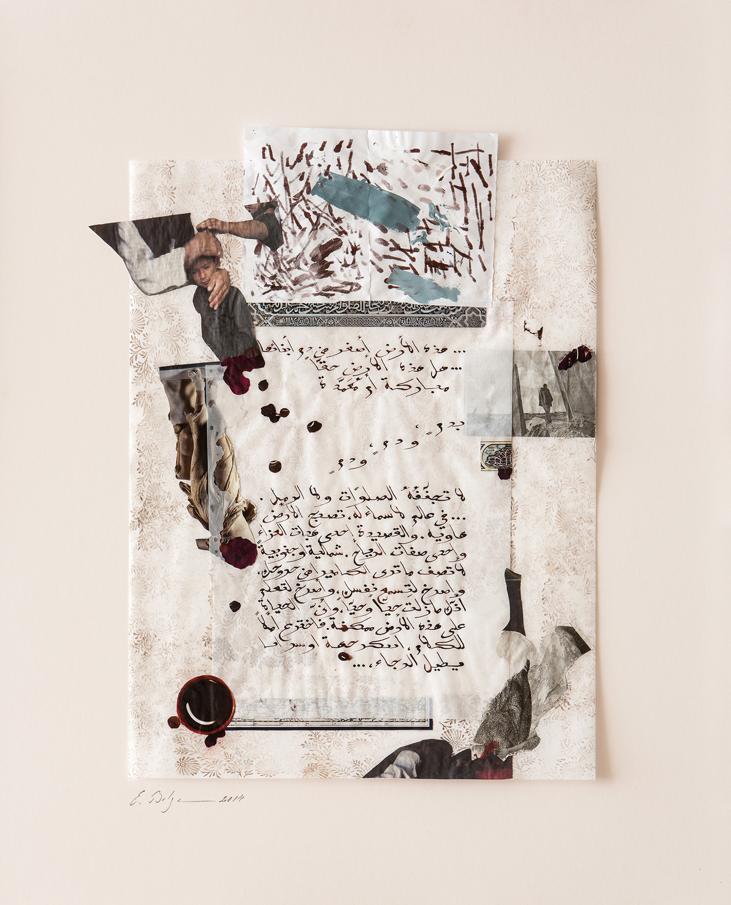   Shattered Dreams   Private Collection London, United Kingdom  Paper, Iranian ink, gesso and tempera on hand stamped paper 2014 
