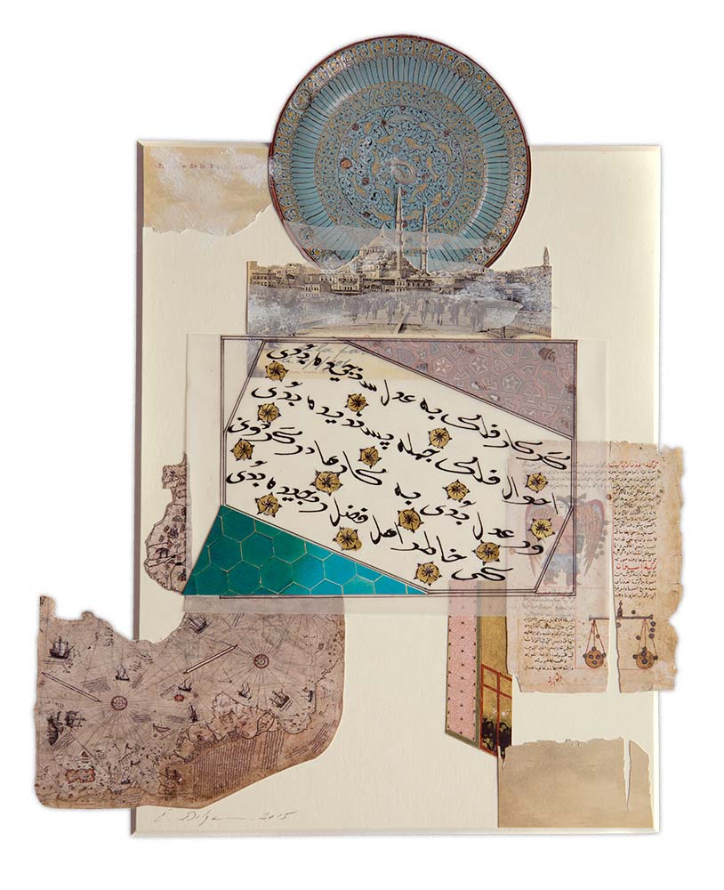Mist Paper, calligraphy ink, gold and stucco on solid mount board base 36.5 x 29.5 cm 2015