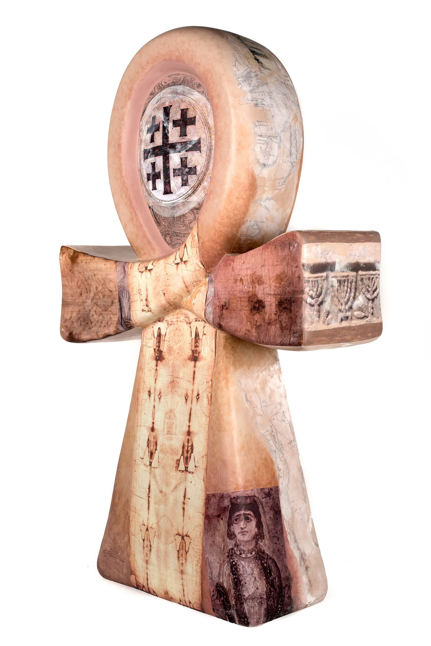 Syncretic Ankh Acrylics, pigments, gesso, paper, ink pen and pencil on fiberglass base with matt acrylic wax varnish finish. width 47 x height 112.5 x depth 23.5 cm 2016