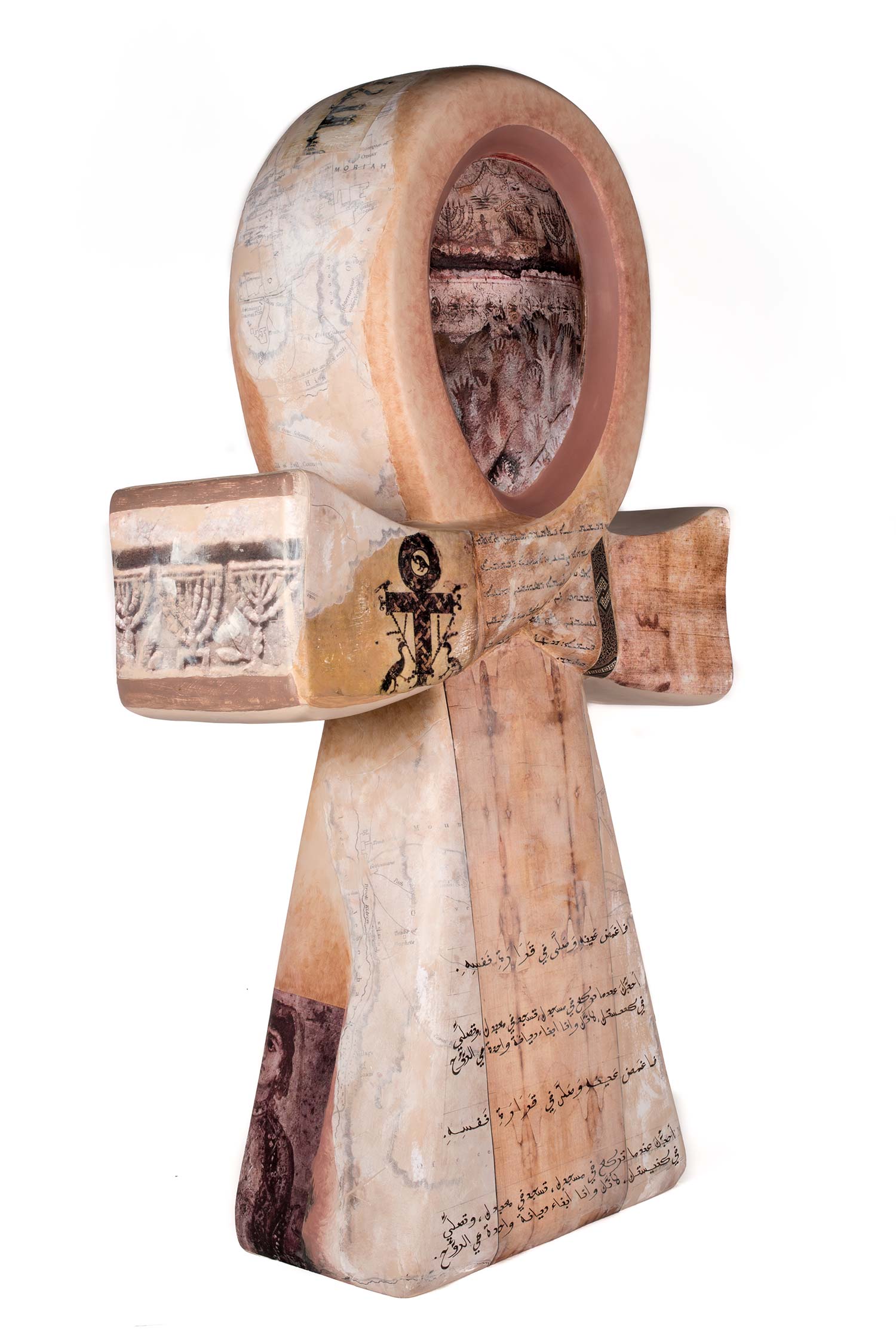 Syncretic Ankh Acrylics, pigments, gesso, paper, ink pen and pencil on fiberglass base with matt acrylic wax varnish finish. width 47 x height 112.5 x depth 23.5 cm 2016