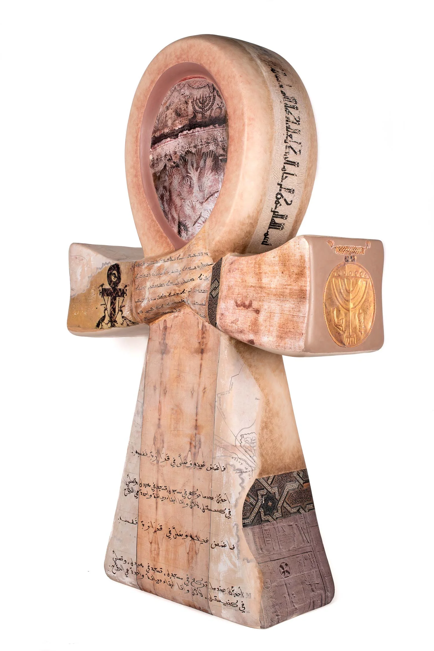 Syncretic Ankh Acrylics, pigments, gesso, paper, ink pen and pencil on fiberglass base with matt acrylic wax varnish finish. width 47 x height 112.5 x depth 23.5 cm 2016